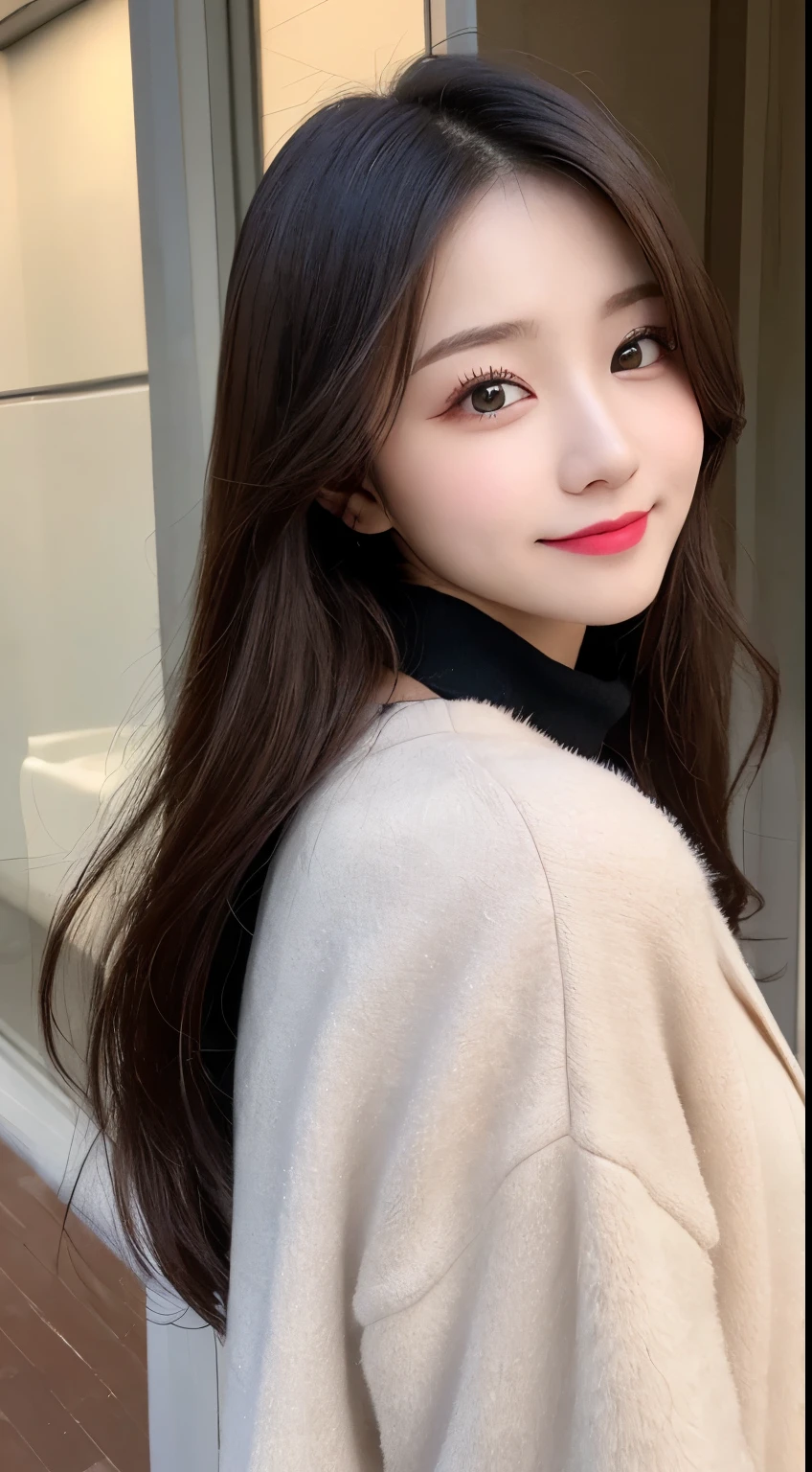 table top, highest quality, shape, Super detailed, finely, High resolution, 8k wallpaper, 完璧なダイナミックな構shape, beautiful and detailed eyes, Gorgeous black fluffy Tokyo winter clothes,ランダムなcute髪,,natural color lip, bold sexy pose,smile、20 year old girl、cute、sexy shot looking at camera,Always blur the background,perfect and beautiful face,Take only the face,beautiful and detailed face、slim face and style,Big eyes、do gal makeup,small face,Wearing a luxury brand mink coat