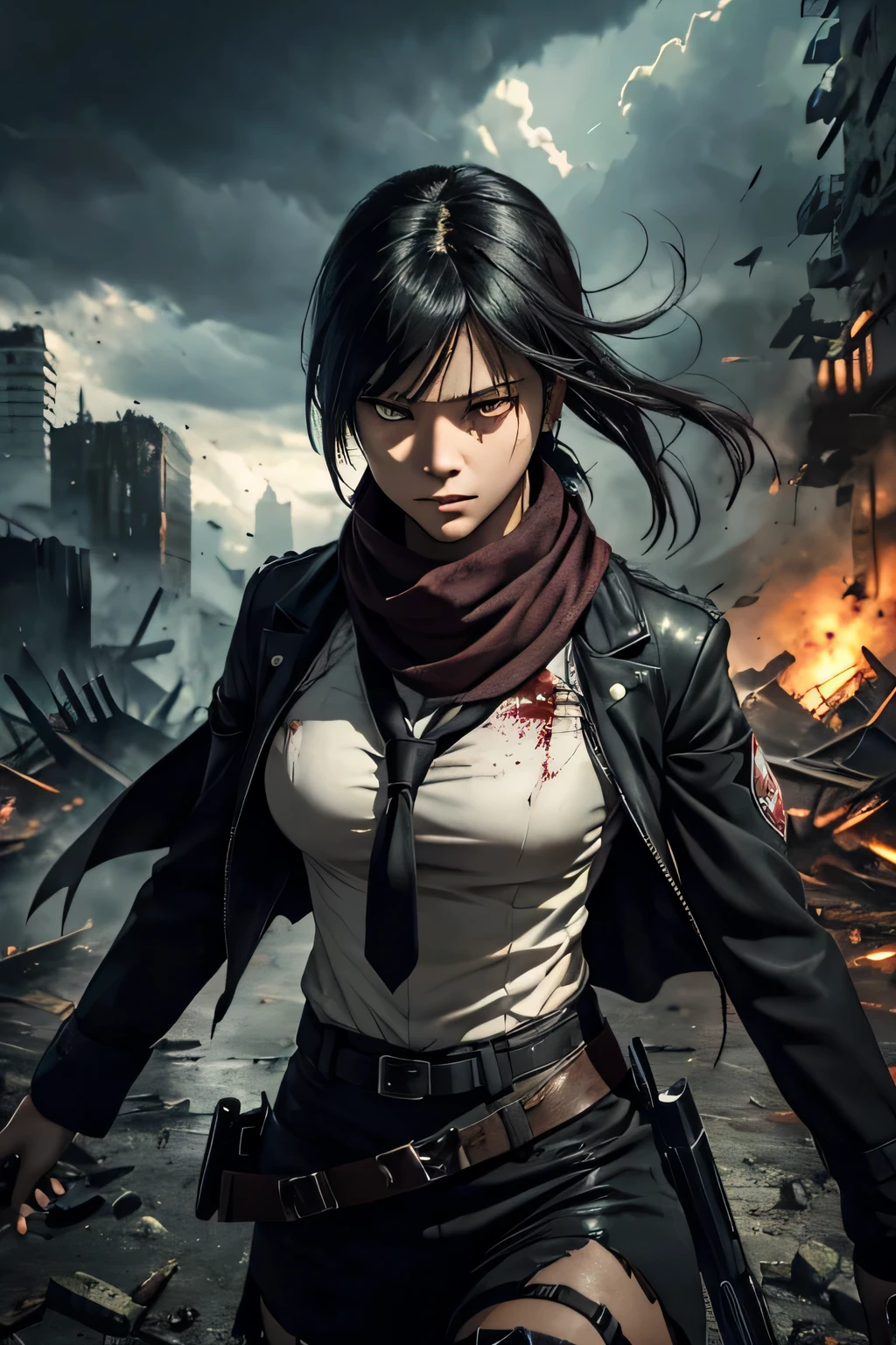 masterpiece, high resolution, anime:1.3), Mikasa Ackerman, (unyielding determination:1.2), (raven-black hair:1.1), tied in a ponytail, (piercing gray eyes:1.2), resolute gaze, (scout regiment uniform:1.1), (3D maneuver gear:1.2), (gleaming blades:1.1), (emblem on her shoulder:1.1), battle-scarred, (titan slayer:1.2), locked in combat with a colossal titan, (towering:1.1), (terrifying:1.2), (sinister grin:1.1), (ominous red eyes:1.2), (destructive force:1.1), (crumbling buildings:1.1), (devastated cityscape:1.2), dynamic action pose, mid-leap, (rippling:1.1), (blood-stained:1.1), (tattered scarf:1.2) flowing behind, (intense atmosphere:1.1), (ominous clouds:1.1), fighting for survival, detailed character design, intense shading, dramatic lighting, high-energy composition, depth of field, adrenaline-fueled scene