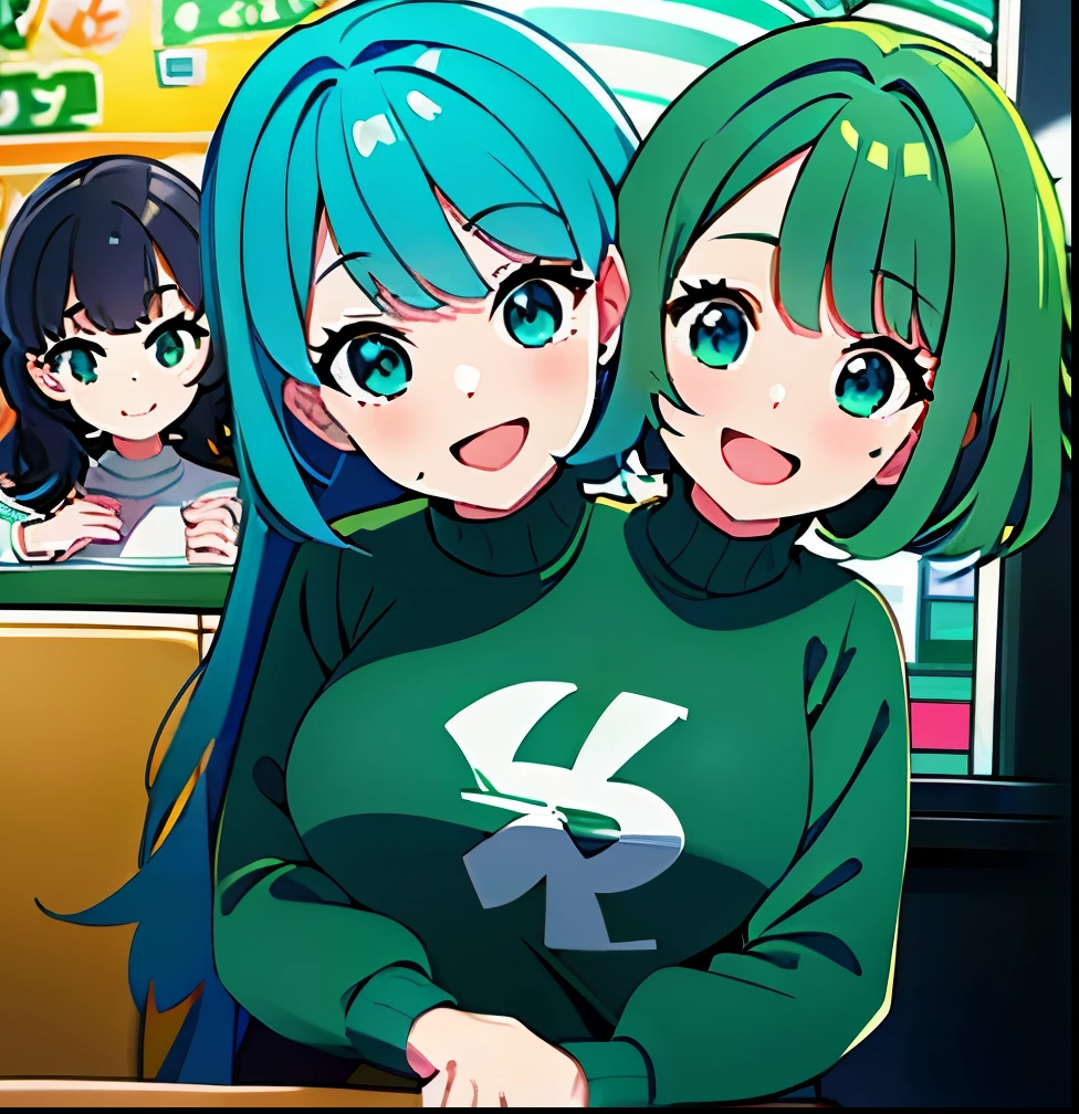 (masterpiece),(ultra-detailed), (high quality), (high resolution), (best quality:1.5, highres, UHD), highres, absurd, ultra detail, ultra quality, Ultra resolution, 16k, ((2heads:1.5)), teal hair, blue green hair, different hairstyles, turquoise eyes, casual wear, (turquoise turtleneck t shirt), strong and confident expressions, ((kindergarten )), smiling, open mouth, sticking out tongue, green construction helmets, ((two headed girl