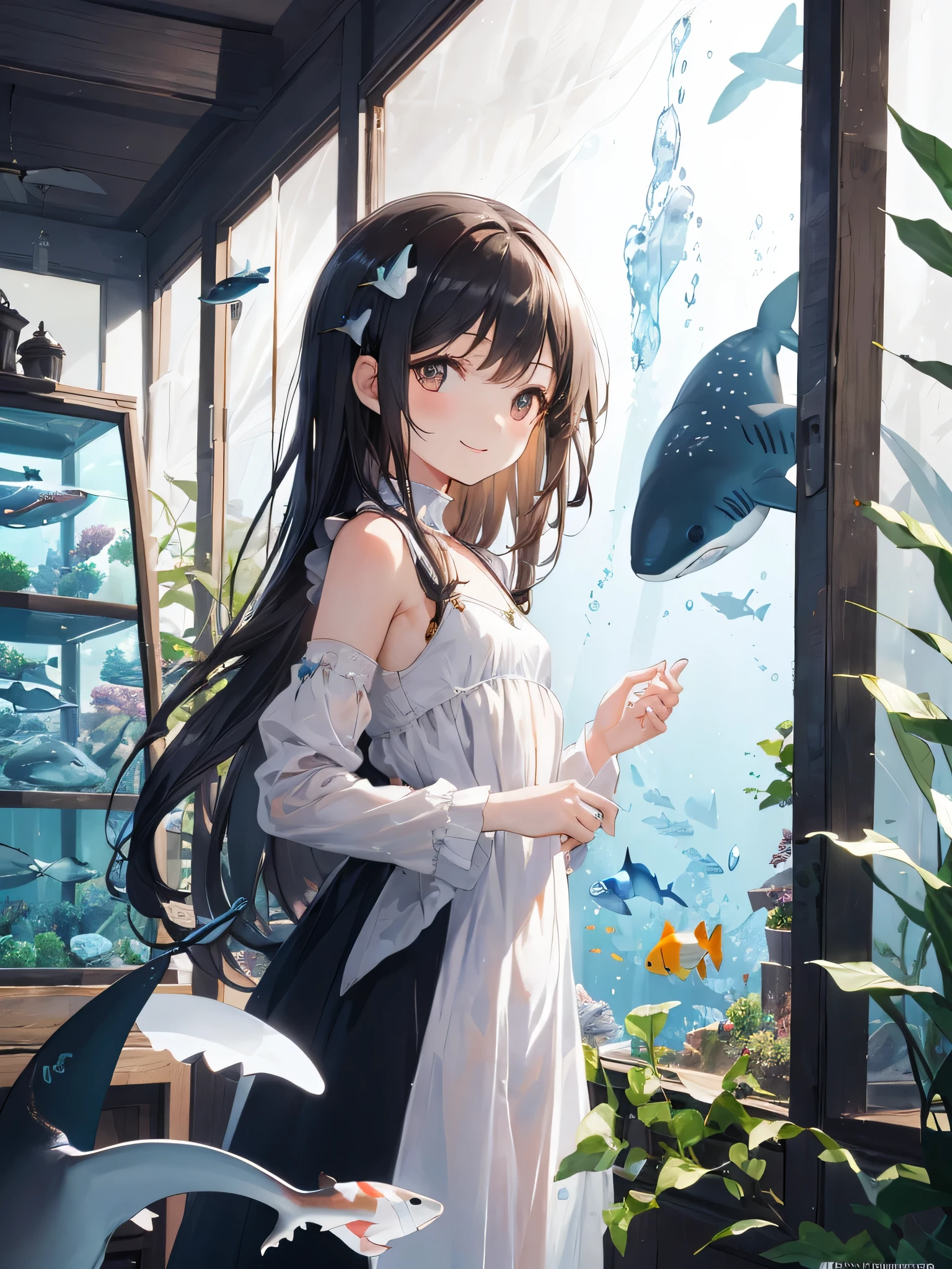 (best quality), (ultra-detailed), (llustration), (detailed light), (an extremely delicate and beautiful), 1young girl, long hair, brown eyes, (smile slightly, Innocent and cute expression), model, Enchanting, Sublime, Ethereal, fantastic, extremely detailed CG unified 8k wallpaper, High-definition raw color photos, professional photography, (Bokeh), indoors, (aquarium), whale shark, shark, small fish, napoleon fish, Backlighting, depth of fields,