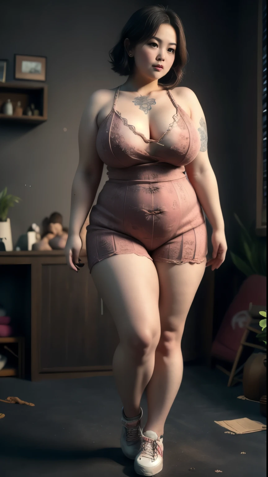 ((best quality)), ((masterpiece)), (detailed), perfect face, Beautiful, mother-in-law, asian-Indonesian , voluptuous,  wearing random clothes (formal), In the black room, seductive expression, chubby body, nice body, milf chubby, chinese-Indonesian. Full body, big arm, wide hips , wearing a sneakers, bob hairstyle,  , chubby cheeks, 27 year old, chubby tall woman, tattooed thighs , yakuza tattoos , big thighs, big armpits , chubby massive cheeks , thick neck, cold atmosphere, low light, wavy short haired, big breasts, showing her armpits , thick woman , baby faceface