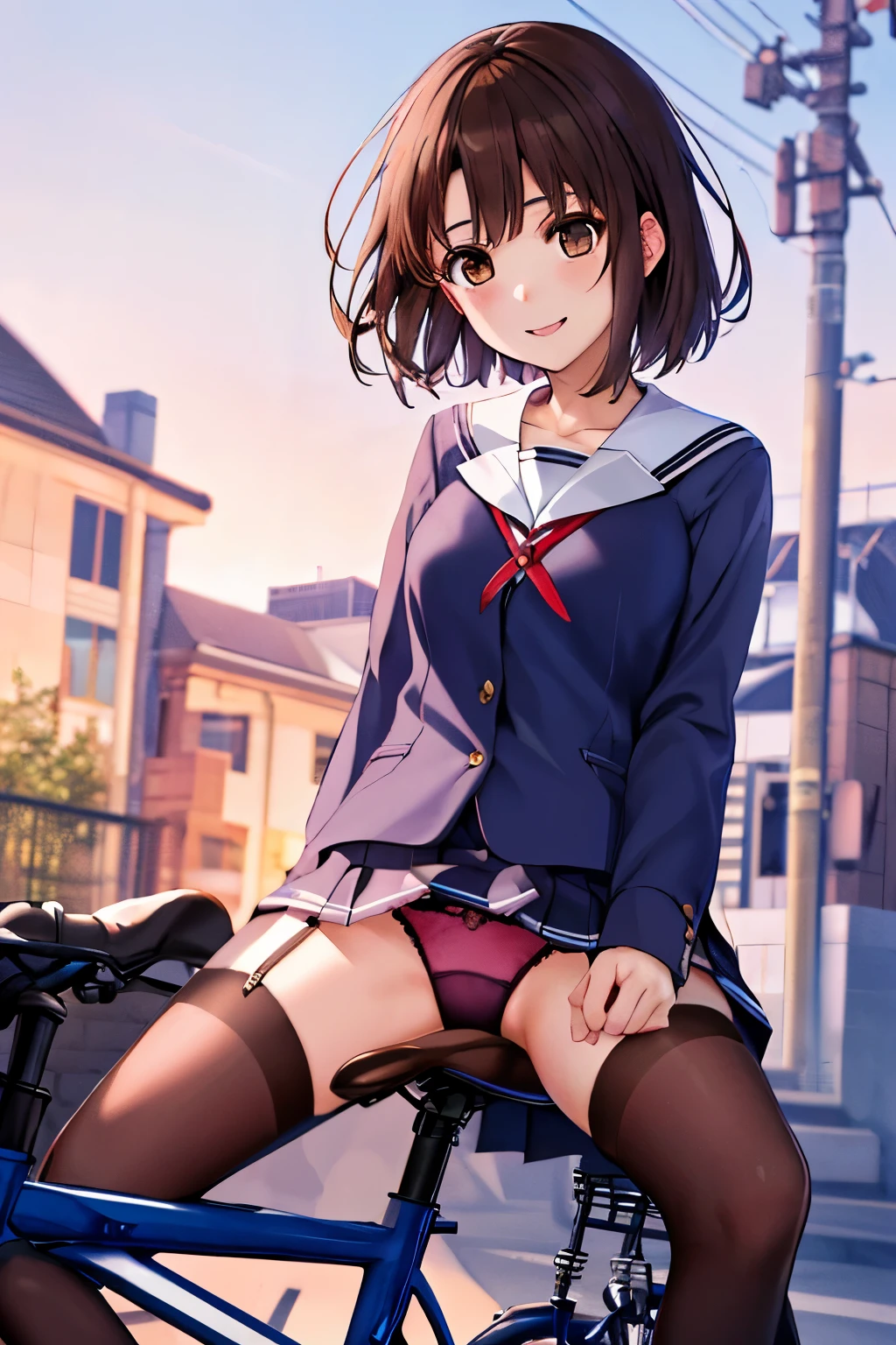 masterpiece, highest quality, High resolution, katoumegumi,megumikato,hmhy1, short hair, blue shirt, school uniform, pleated skirt, clavicle, brown hair, (brown eyes:1.5), medium hair,{{{Girl straddling a bike saddle cushion}}}, school uniform,mini skirt,beautiful breasts,,NSFW,Very embarrassing panic smile, (The wind flipped my skirt and exposed my pussy.........................、touch your butt with both hands、pink floral lace panties)、