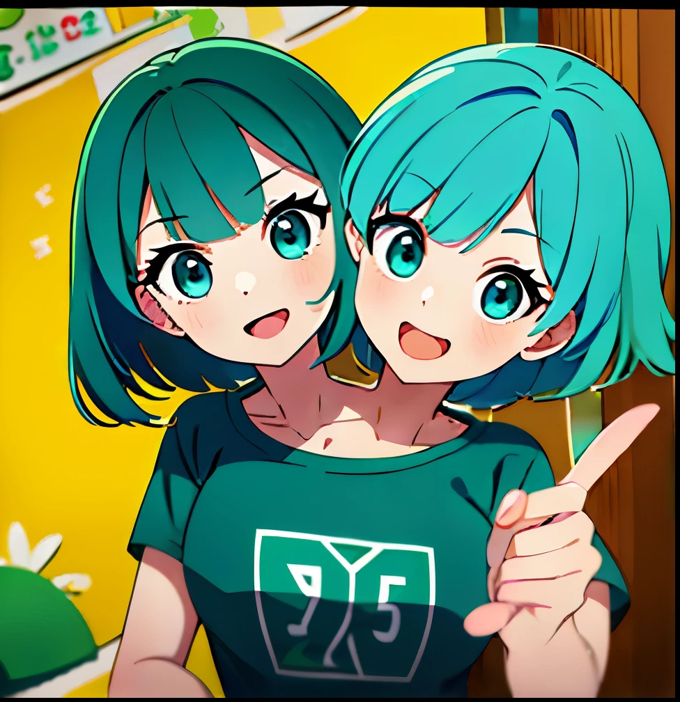 (masterpiece),(ultra-detailed), (high quality), (high resolution), (best quality:1.5, highres, UHD), highres, absurd, ultra detail, ultra quality, Ultra resolution, 16k, ((2heads:1.5)), teal hair, blue green hair, different hairstyles, turquoise eyes, casual wear, (turquoise t shirt), strong and confident expressions, ((kindergarten )), smiling, open mouth, sticking out tongue, green construction helmets, ((two headed girl