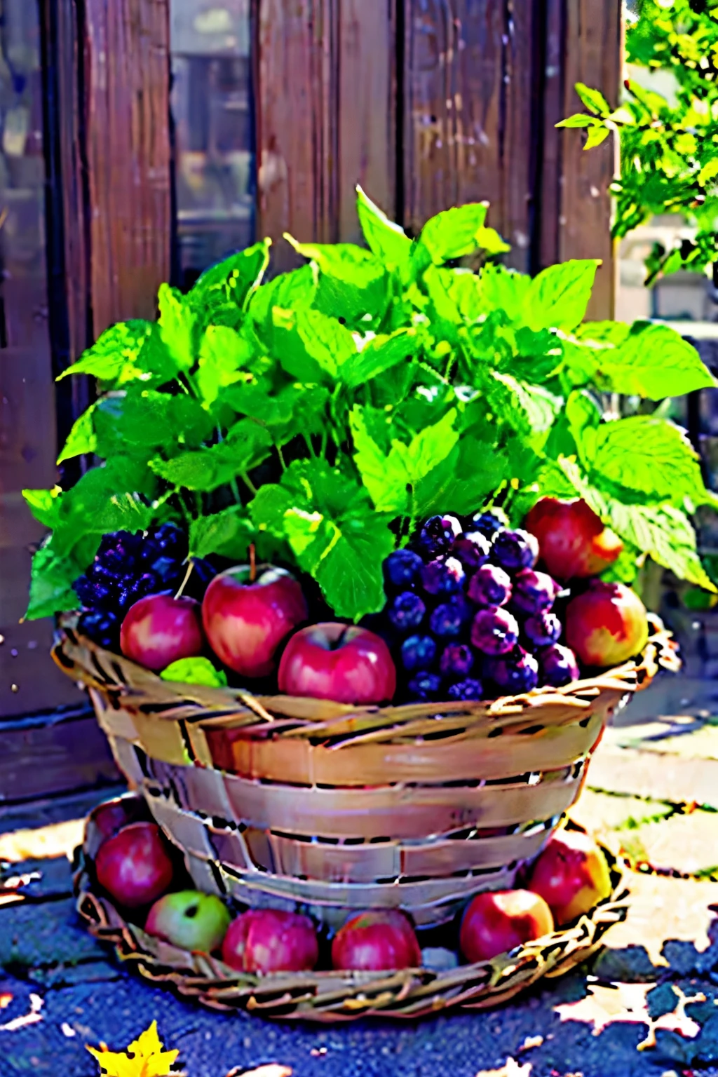 Two boys and two girls are sitting at a table in the garden, autumn landscape - table on the street (in the garden), on the table there is a beautiful wicker basket with one handle , red apples in a basket, large white and purple grapes hanging from a basket, all the fruits in a wicker basket and on the table ! Autumn leaves yellow and red large maple .around the basket , next to it is a tall beautiful jug of wine and glasses of red wine , Top quality photo !