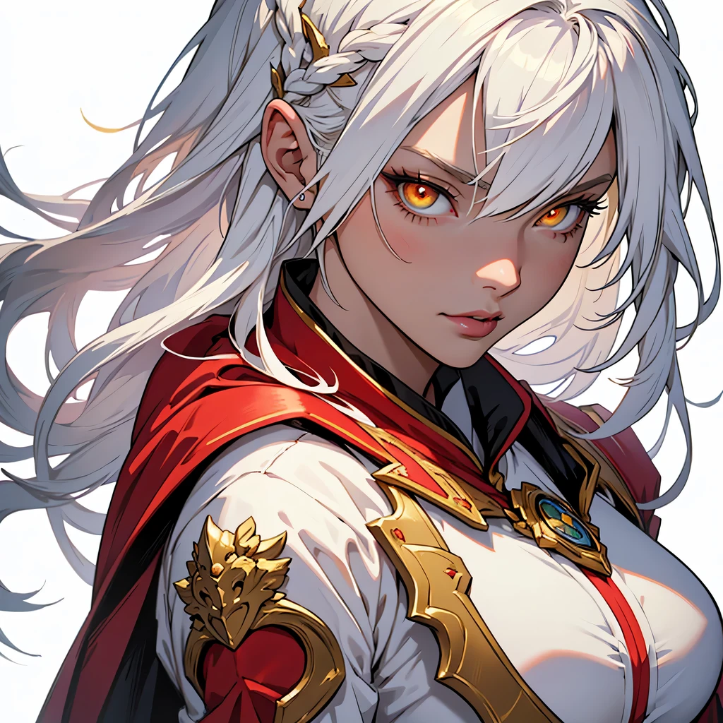 medieval anime art, masterpiece, best quality, by professional artist, female, solo, upper body portrait, detailed composition, detailed eyes, (((white background))), dirty white hair, glowing eyes, bangs, straight hair, wearing red and yellow armor, mature, lipstick, fire magic