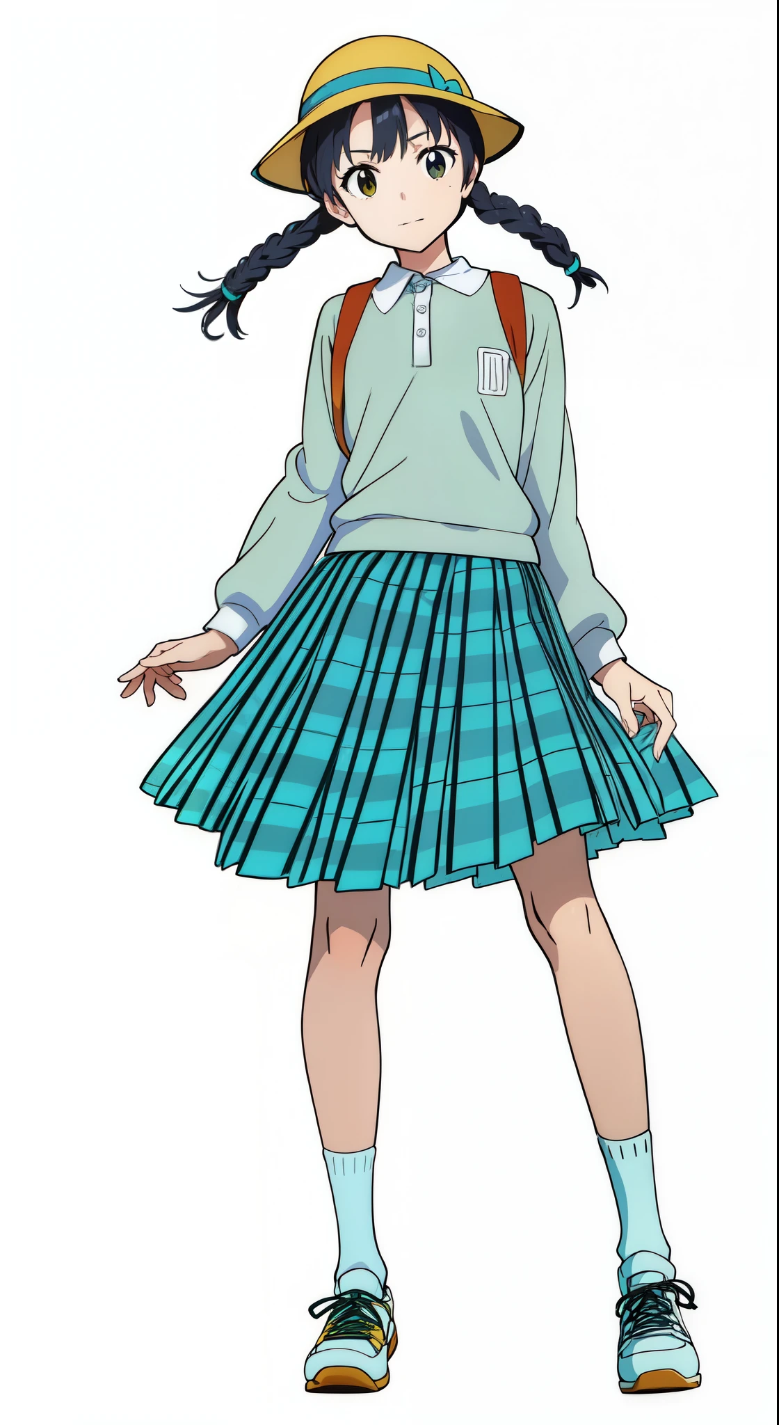 (white background:1.0), (best quality:1.0), (masterpiece:1.0), (super fine illustration:1.0), (beautiful artwork:1.0), (anime screencap:1.0), (official art:1.0), (full body:1.0), (solo:1.0), (ESGA:1.0), (a 12yo cute girl:1.25), (yellow hat:1.25), (red backpack:1.0), (long skirt:1.0), (green tartan skirt:1.0), (pleated skirt:1.0), (aqua blue polo shirt:1.0), (long sleeve polo shirt:1.0), (sneakers:1.0), (white socks:1.25), (ideal ratio body proportions:1.25), (lanky:1.25), (tall:1.25), (slender:1.25), (small breasts:1.25), (smaller face:1.25), (tareme:1.5), (detailed beautiful eyes:1.0), (detailed beautiful face:1.0), (glowing black eyes:1.0), (short hair:1.0), (twin braids:1.0), (black hair:1.0), (looking at viewer:1.25)