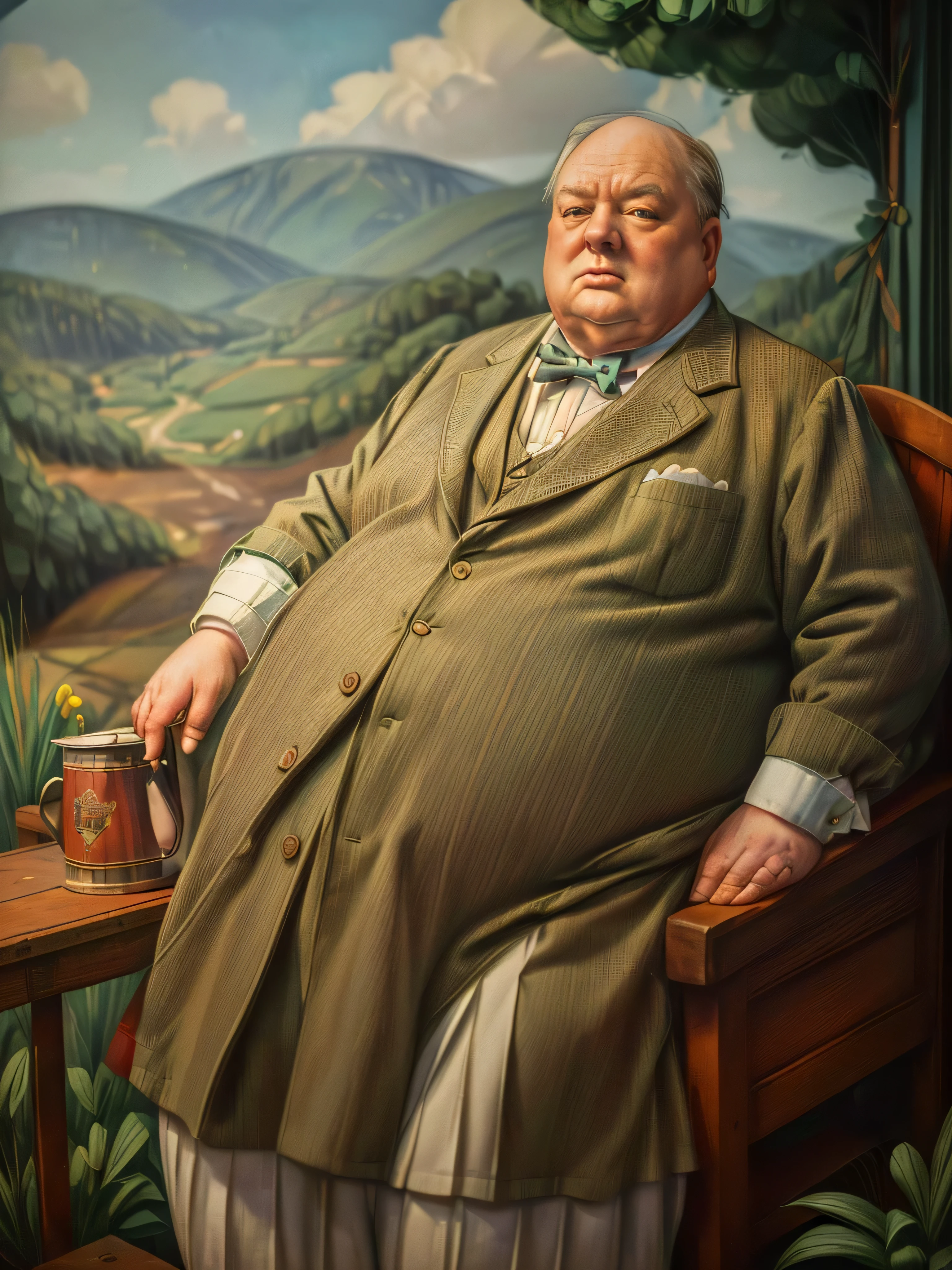 1935, massachusetts mountain village. Pre-raphaelite ((((65-year-old)) extremely fat, 600 pounds heavy Winston Churchill), in the clothes of Dorothy from the Wizard of Oz, on a farm, ((((casual Clothing from the 1930s)))) ((Hairstyle of the 1930s)), ((Wes Anderson cinematic style)), colorful. 