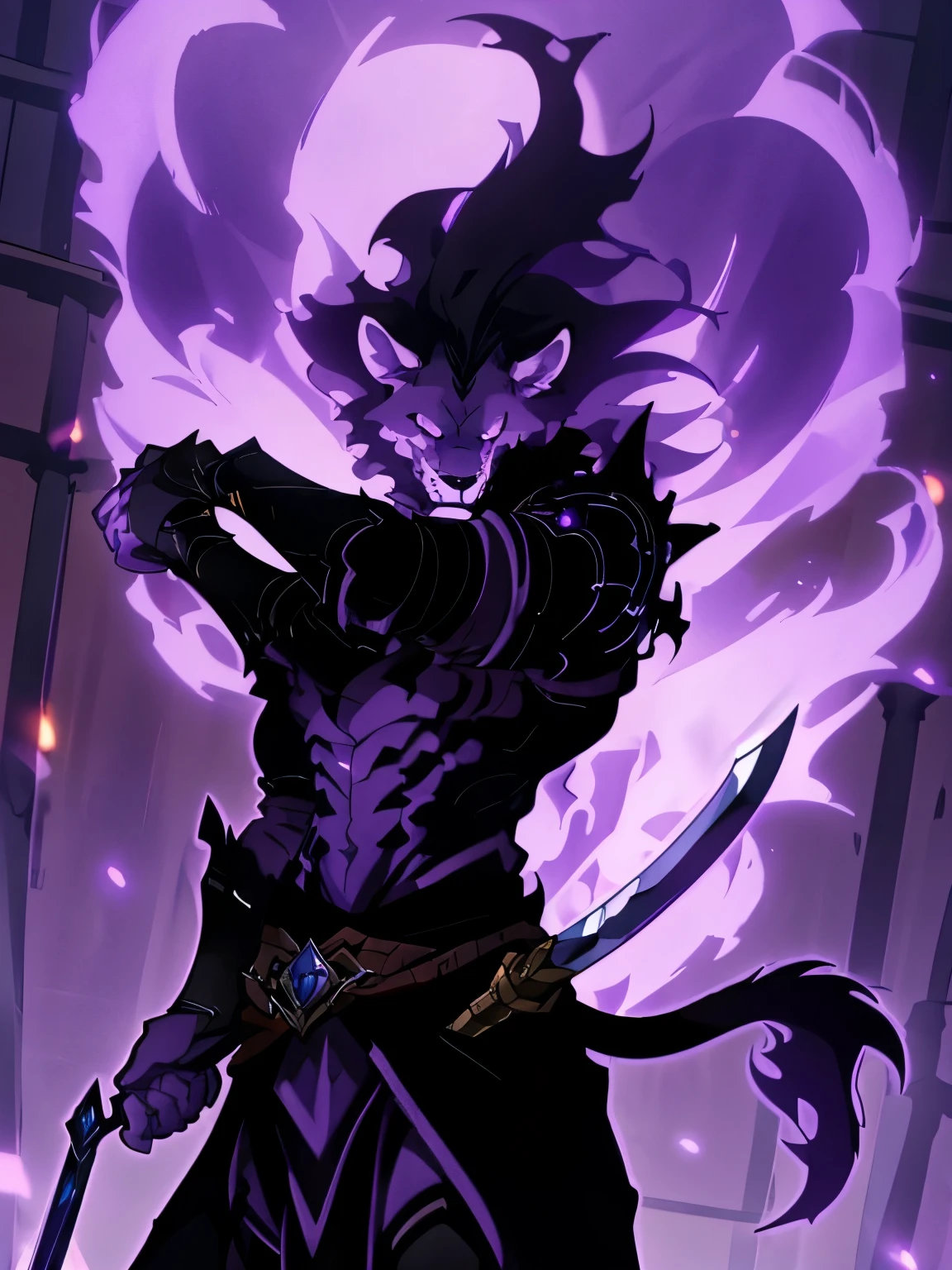 male, furry, Lion anthro, solo, black fur, purple eyes, (Realistic eye details 1.2), dark knightwear, a sword in his hand, epic fantasy art style, epic fantasy digital art style, abs, Masterpiece, dramatic lighting, soft lighting, day, highly detail, purple fire