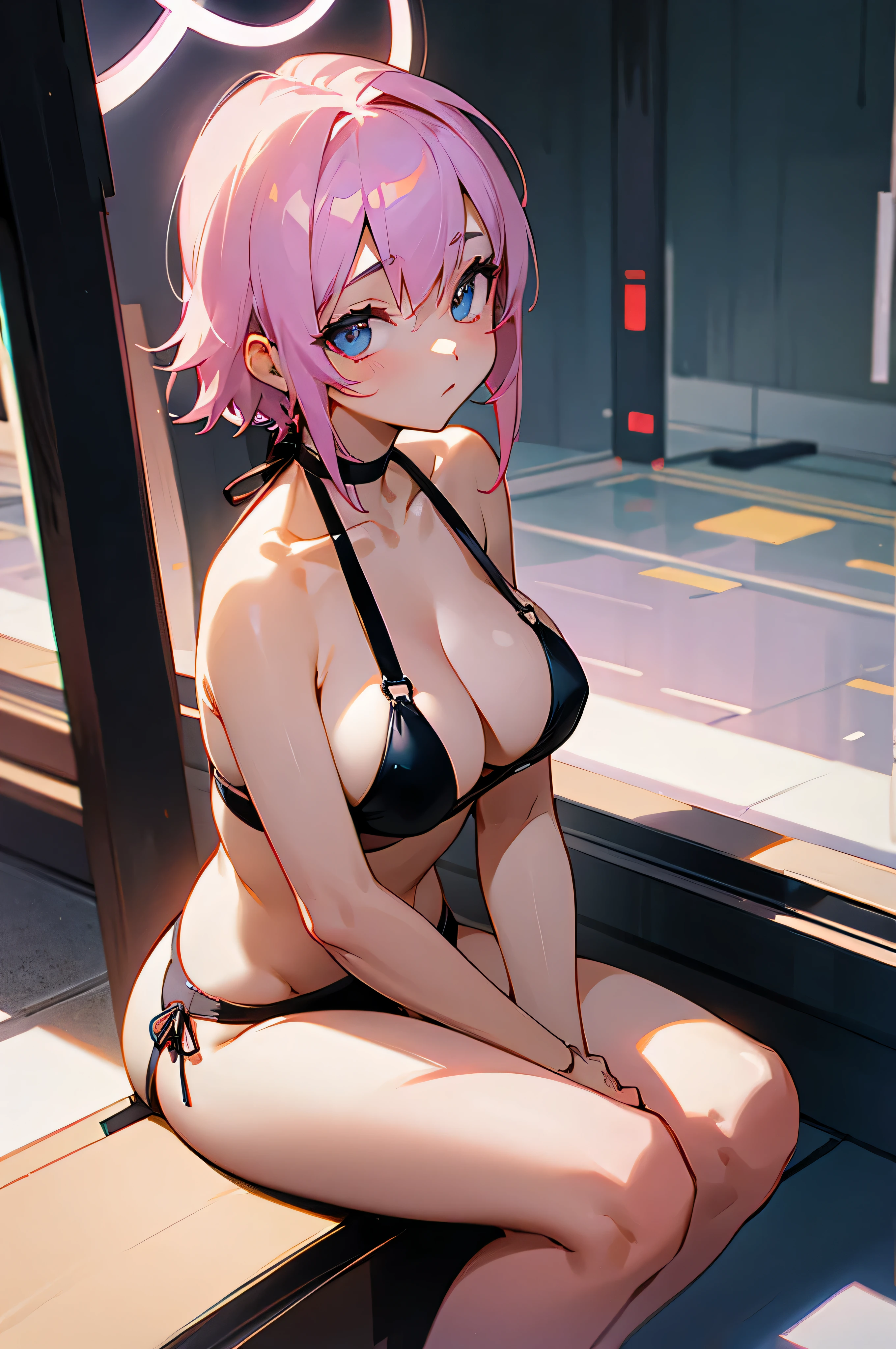 neon、1 female、God、zazen、sitting、Cross-legged、halo、bikini、looking at the camera、big breasts
