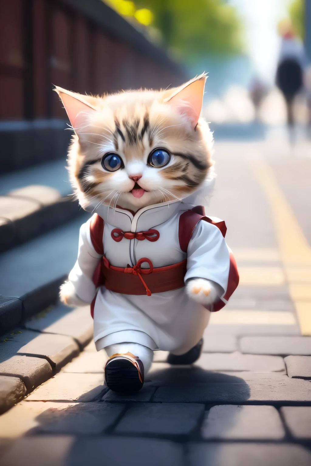 (best quality,4k,8k,highres,masterpiece:1.2),ultra-detailed,cute cat in a white Hanfu, jumping in a traditional-style street, happy expression, wide-open mouth with visible teeth, vibrant colors, studio lighting, detailed fur texture, playful pose, traditional Chinese architecture, bustling atmosphere, lanterns hanging, beautiful flowers blooming, decorative patterns on the Hanfu, joyful energy, realistic, high contrast lighting, lively motion, charming smile