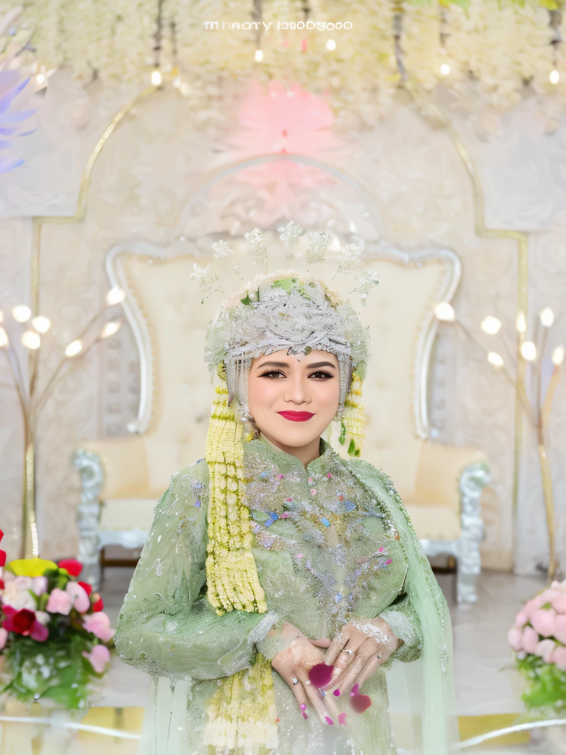 araffe in a green dress and a white headpiece standing in front of a white chair, bride, wedding photography, photo taken with nikon d 7 5 0, photo taken with nikon d750, wedding, shot on nikon z9, pastel green, taken with canon 5d mk4, by Basuki Abdullah, green tiara, profesional photography