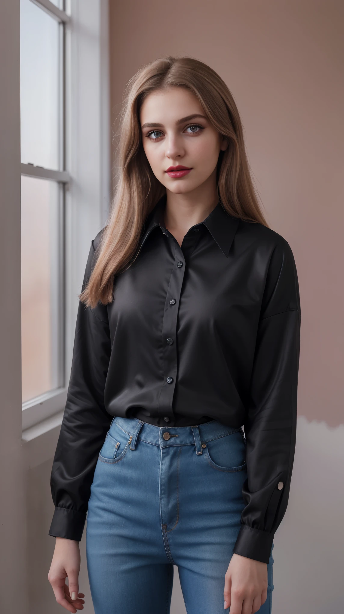 Blond brown hair, (RAW photo), (realism: 1.8), (gloss red lipstick, many eyelashes, dark black eye shadow, shy, blushing, high quality, high resolution, depth of field, chromatic aberration, caustic, wide light, pastel glossy skin, (21 year old woman), smartwatch, smartphone, stylish college girl, jeans and silk shirt, lots of exposure, pose, visible 8k resolutions,