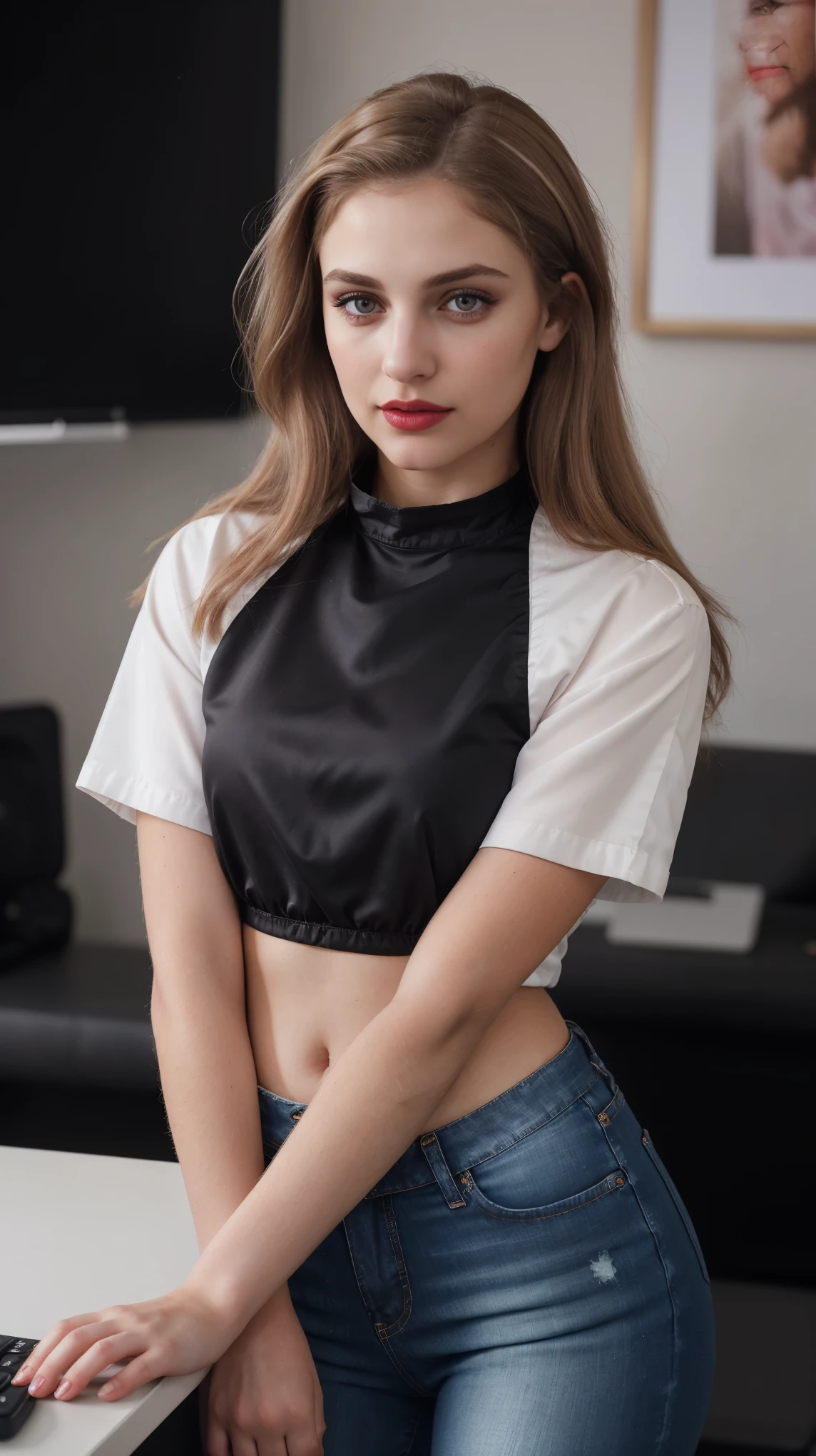 Blond brown hair, (RAW photo), (realism: 1.8), (gloss red lipstick, many eyelashes, dark black eye shadow, shy, blushing, high quality, high resolution, depth of field, chromatic aberration, caustic, wide light, pastel glossy skin, (21 year old woman), smartwatch, smartphone, stylish college girl, jeans and silk shirt, lots of exposure, pose, visible 8k resolutions,