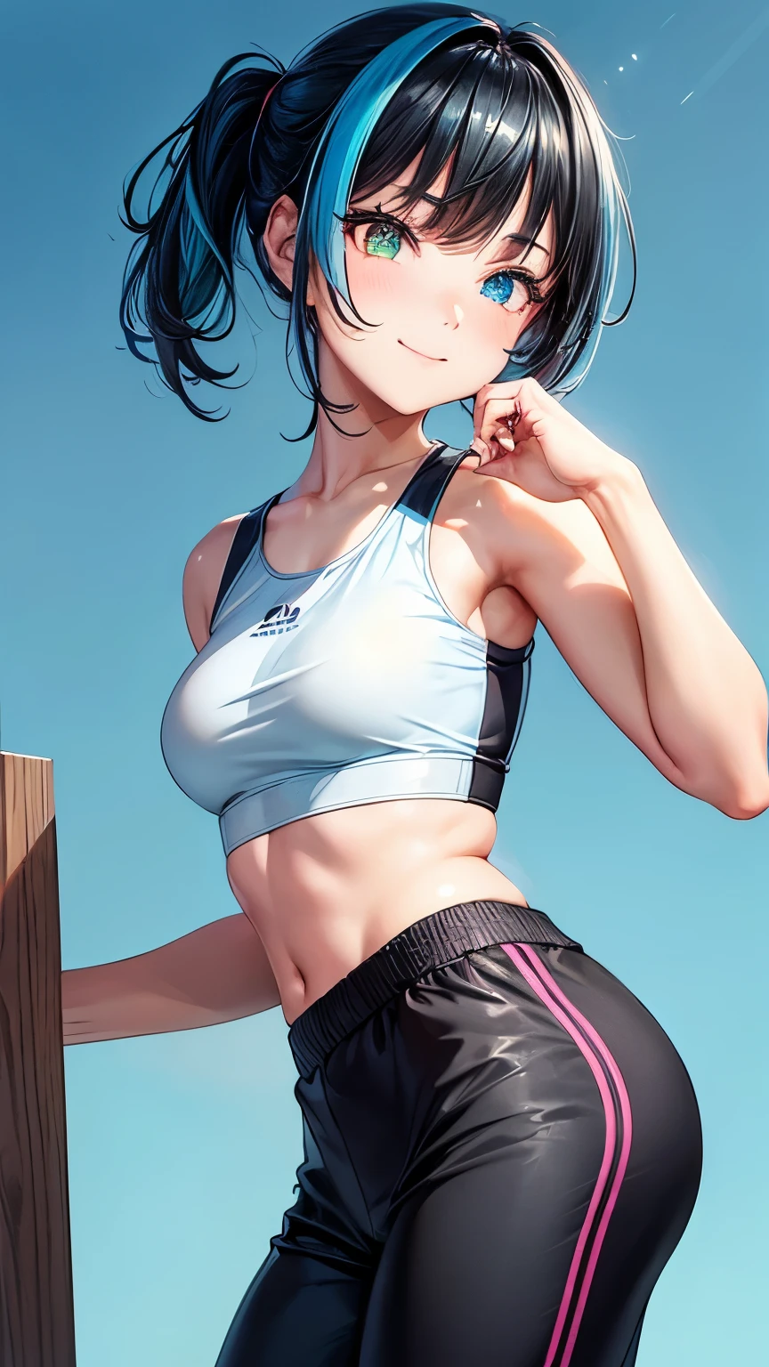 35 years old Japanese tidy lady ((small breast, very slender)), jet-black ponytail((short hair)), ((cyan highlights)),(( much shaggy forelock, blue colors highlights )), BREAK, black crop top, dark gray training sweat pants ,tidy and eloquent face, dynamic pose, peeking over someone’s shoulder pose, friendly and beautiful smile, big droopy eyes (( shiny blue eye, shiny pale blue eye, heterochromia)), eyelashes, small mole under left eye, BREAK, tidy and pleasant atmosphere,((face focus))