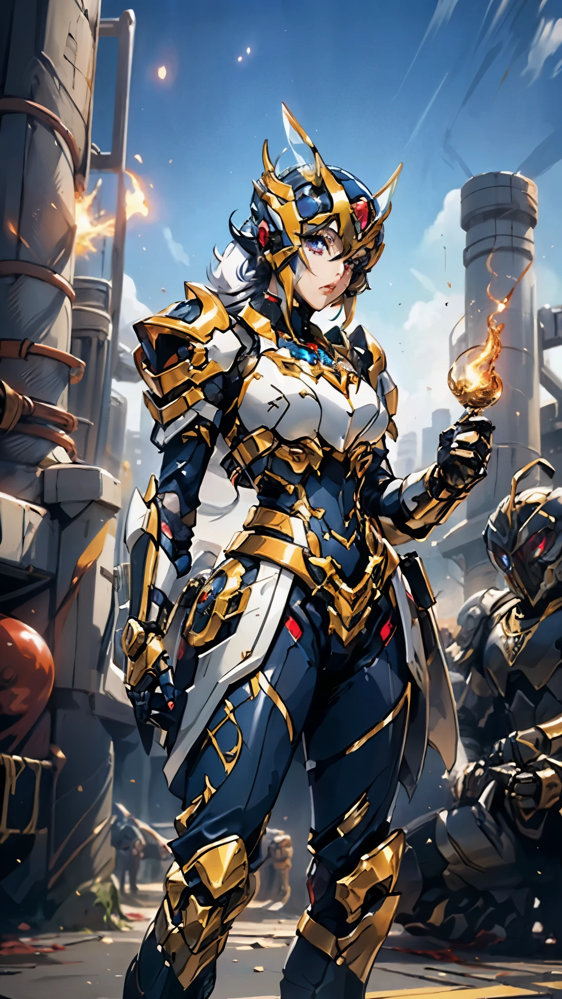 A woman adorned in fantasy-style full-body armor, a crown-concept fully enclosed helmet that unveils only her eyes, a composite layered chest plate, fully encompassing shoulder and hand guards, a lightweight waist armor, form-fitting shin guards, the overall design is heavy-duty yet flexible, ((the armor gleams with a golden glow, complemented by red and blue accents)), exhibiting a noble aura, she floats above a fantasy-surreal high-tech city, this character embodies a finely crafted fantasy-surreal style armored hero in anime style, exquisite and mature manga art style, (mixture of Queen bee and Spider concept Armor, plasma, blood), ((Element, energy, elegant, goddess, femminine:1.5)), metallic, high definition, best quality, highres, ultra-detailed, ultra-fine painting, extremely delicate, professional, anatomically correct, symmetrical face, extremely detailed eyes and face, high quality eyes, creativity, RAW photo, UHD, 32k, Natural light, cinematic lighting, masterpiece-anatomy-perfect, masterpiece:1.5