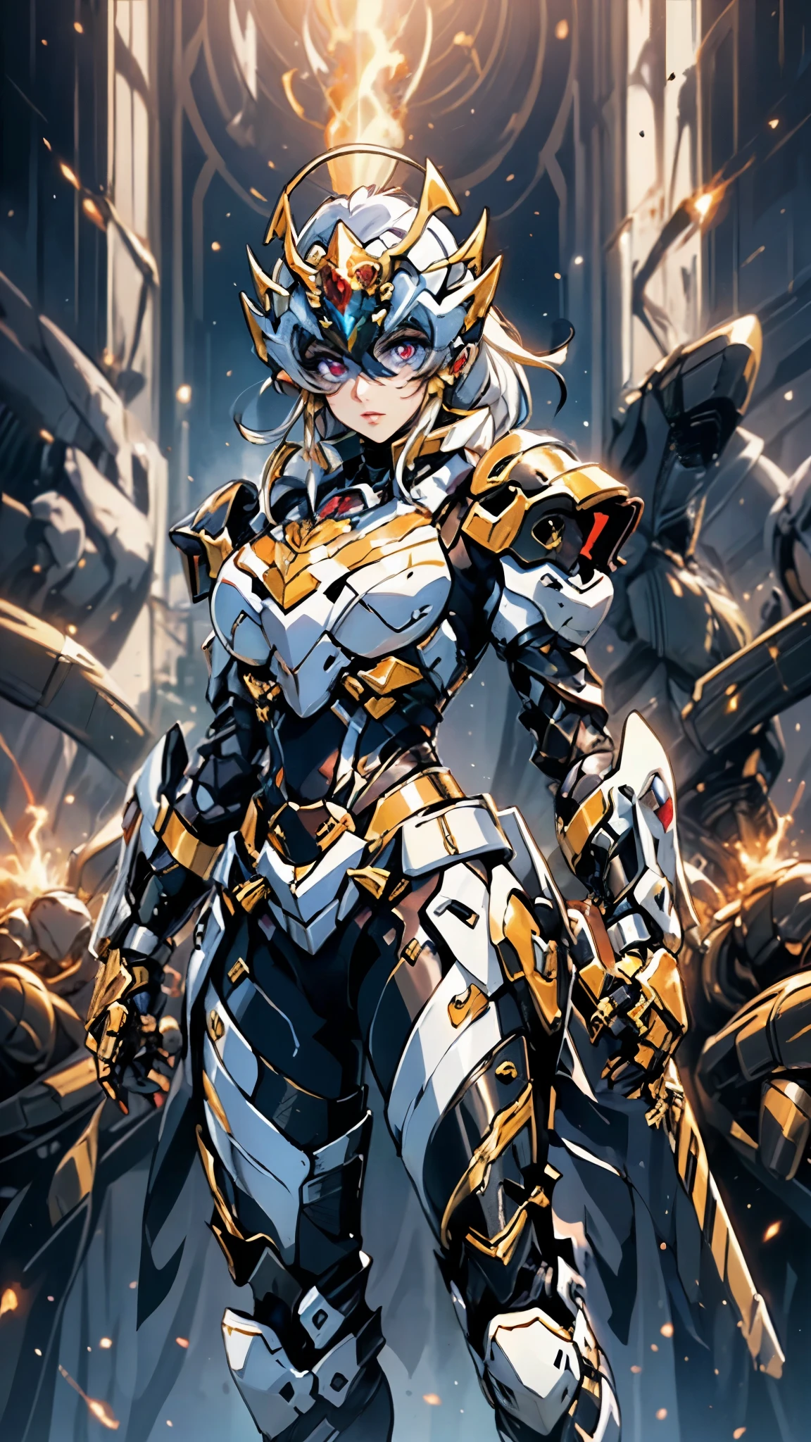 A woman adorned in fantasy-style full-body armor, a crown-concept fully enclosed helmet that unveils only her eyes, a composite layered chest plate, fully encompassing shoulder and hand guards, a lightweight waist armor, form-fitting shin guards, the overall design is heavy-duty yet flexible, ((the armor gleams with a golden glow, complemented by red and blue accents)), exhibiting a noble aura, she floats above a fantasy-surreal high-tech city, this character embodies a finely crafted fantasy-surreal style armored hero in anime style, exquisite and mature manga art style, (mixture of Queen bee and Spider concept Armor, plasma, blood), ((Element, energy, elegant, goddess, femminine:1.5)), metallic, high definition, best quality, highres, ultra-detailed, ultra-fine painting, extremely delicate, professional, anatomically correct, symmetrical face, extremely detailed eyes and face, high quality eyes, creativity, RAW photo, UHD, 32k, Natural light, cinematic lighting, masterpiece-anatomy-perfect, masterpiece:1.5