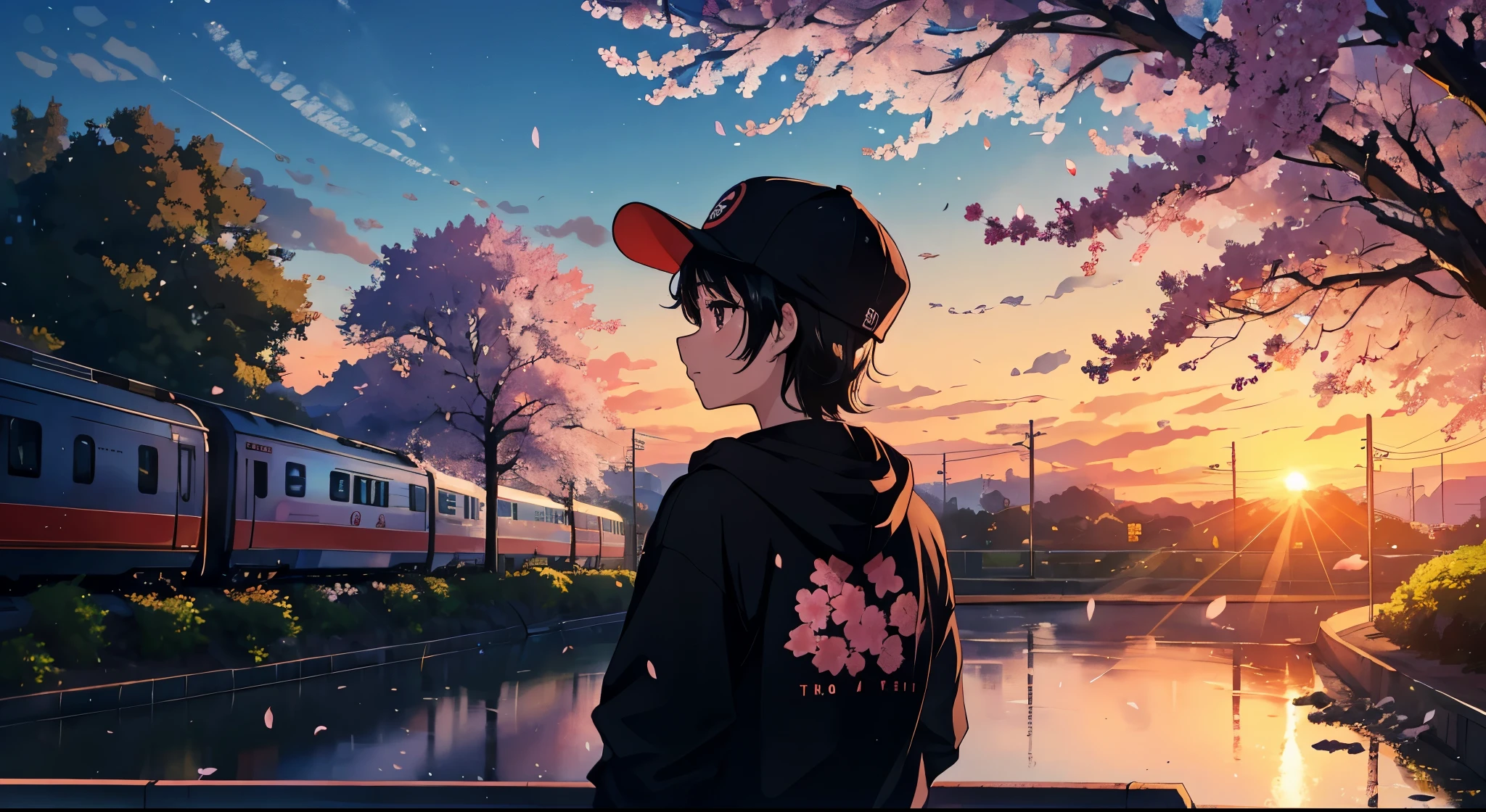 Beautiful cherry blossoms swaying in the wind,With dew drops bubbling on the petals,awesome anime art style,bright colors,Soft and fantastic lighting,High resolution and realistic details,黒髪の12歳くらいのboyの後ろ姿,slightly chubby eyes,wearing a black baseball team hat,boy'The outfit is a black hoodie,boy'his hair is smooth and straight,watching the train pass by,JR Geibi Line vehicle model based on silver and orange colors.,Be sure to include a train in the background,Please reproduce the discrepancies in the facial parts in the content.,