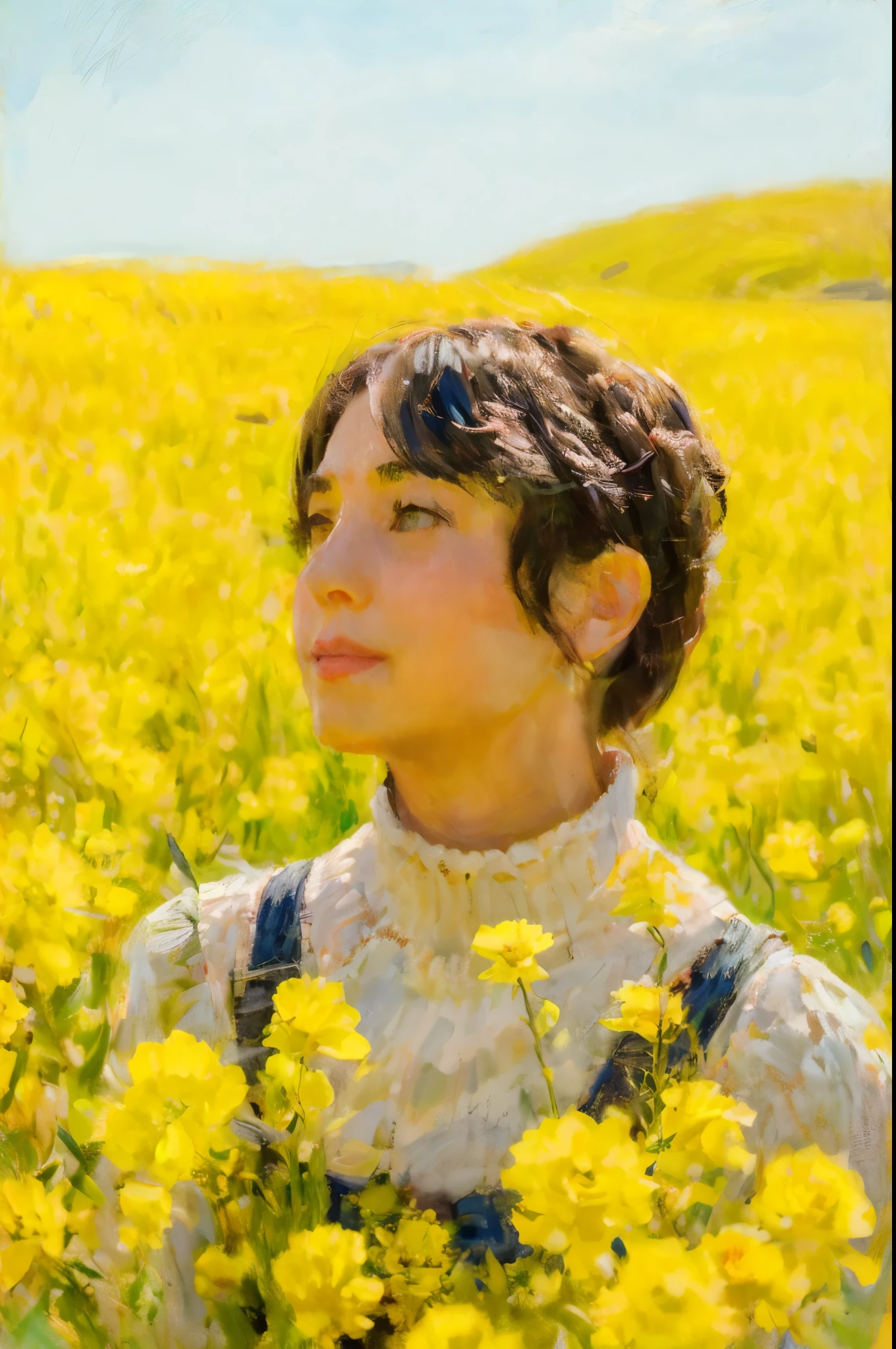 there is a woman standing in a field of yellow flowers, in a field of flowers,masterpiece on canvas in the style of Claude Monet, ClaudeMonet,A middle-aged brunette woman, ssmile, Extremely beautiful, Detailed landscape, Hyper-realistic, Elements of symbolism and surrealism, intricatedesign, Foliage, florals, landscape, pastel colour, Blue details, pink details, The woman looked at the audience, Directly on the camera.