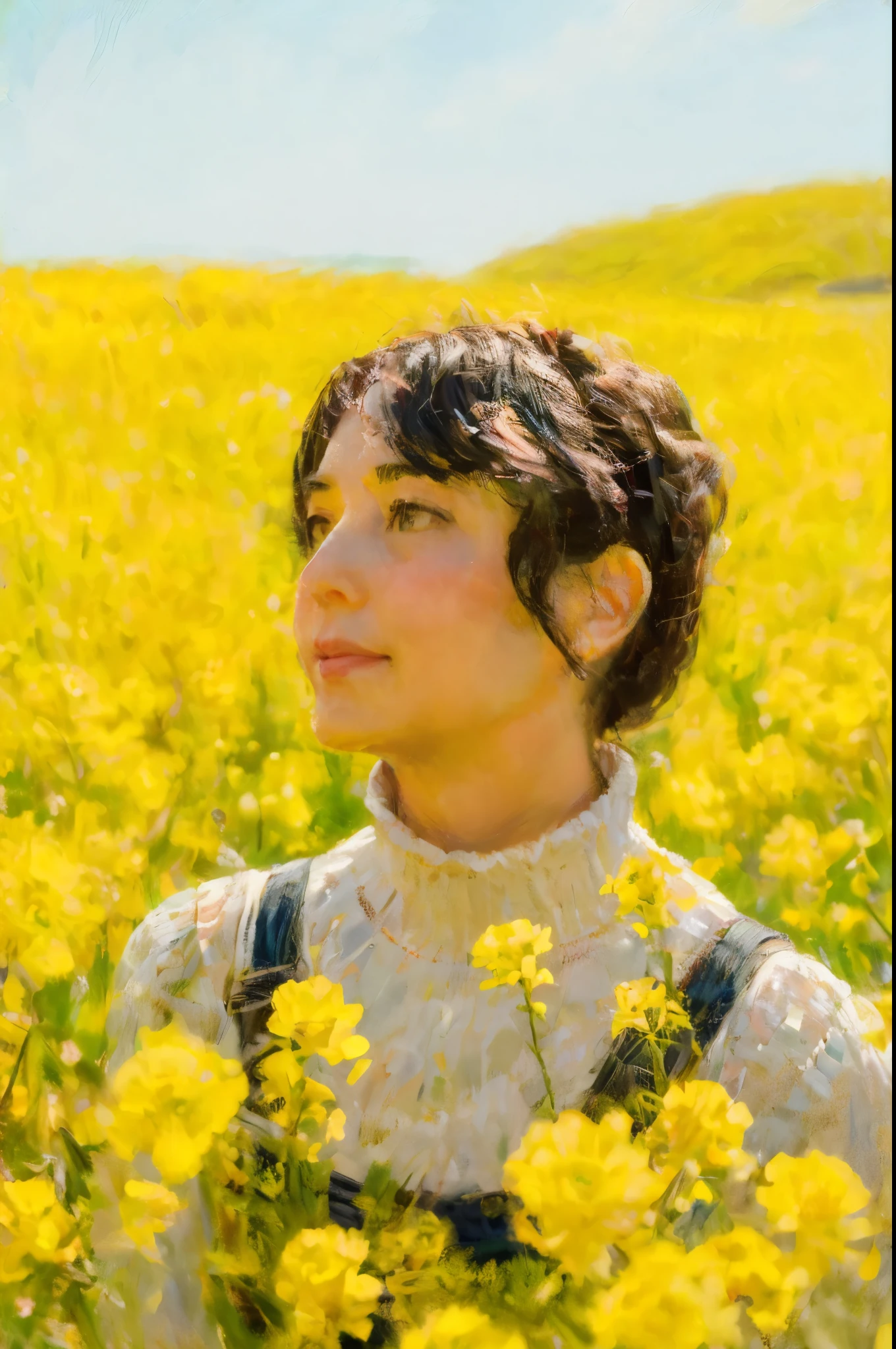 there is a woman standing in a field of yellow flowers, in a field of flowers,masterpiece on canvas in the style of Claude Monet, ClaudeMonet,A middle-aged brunette woman, ssmile, Extremely beautiful, Detailed landscape, Hyper-realistic, Elements of symbolism and surrealism, intricatedesign, Foliage, florals, landscape, pastel colour, Blue details, pink details, The woman looked at the audience, Directly on the camera.