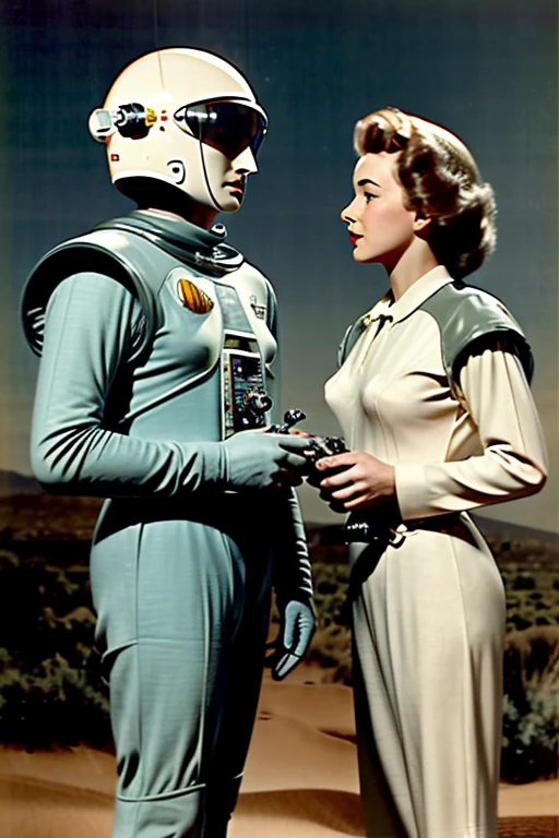 (((Old science fiction TV series))), Fotografia, Extremamente realista, Scene from an old science fiction TV series from the 1950s with human actors and actors talking to each other in a meeting dressed as aliens and robots. with a retro spaceship in the background of the scene, flying saucers and stars in the sky, Science Fiction TV series with monsters, beautiful sensual young actress, (((anos de 1950))), Ancient aesthetics, ((rostos perfeitos))