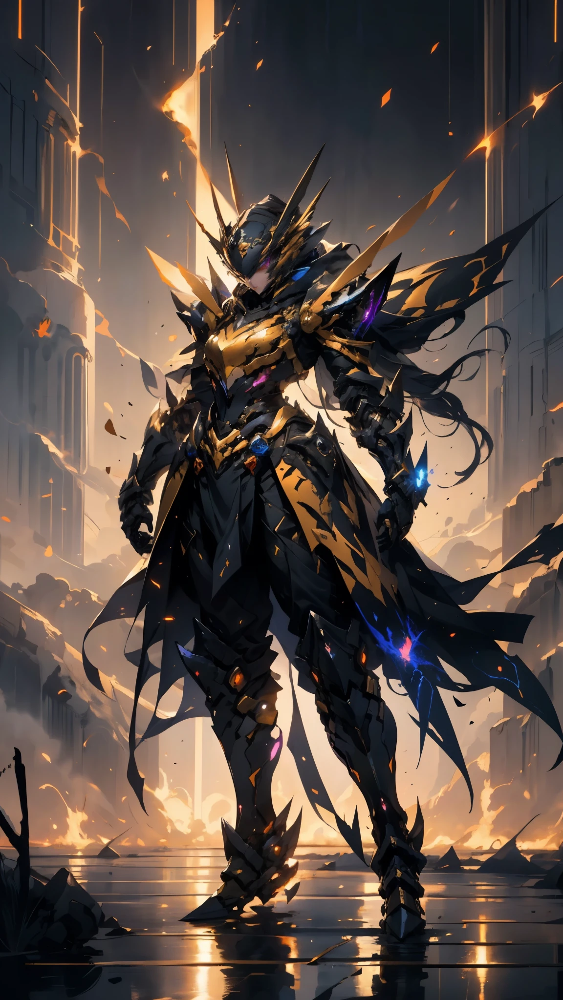 A woman adorned in fantasy-style full-body armor, a crown-concept fully enclosed helmet that unveils only her eyes, a composite layered chest plate, fully encompassing shoulder and hand guards, a lightweight waist armor, form-fitting shin guards, the overall design is heavy-duty yet flexible, ((the armor gleams with a golden glow, complemented by red and blue accents)), exhibiting a noble aura, she floats above a fantasy-surreal high-tech city, this character embodies a finely crafted fantasy-surreal style armored hero in anime style, exquisite and mature manga art style, (mixture of Queen bee and Spider concept Armor, plasma, blood), ((Element, energy, elegant, goddess, femminine:1.5)), metallic, high definition, best quality, highres, ultra-detailed, ultra-fine painting, extremely delicate, professional, anatomically correct, symmetrical face, extremely detailed eyes and face, high quality eyes, creativity, RAW photo, UHD, 32k, Natural light, cinematic lighting, masterpiece-anatomy-perfect, masterpiece:1.5