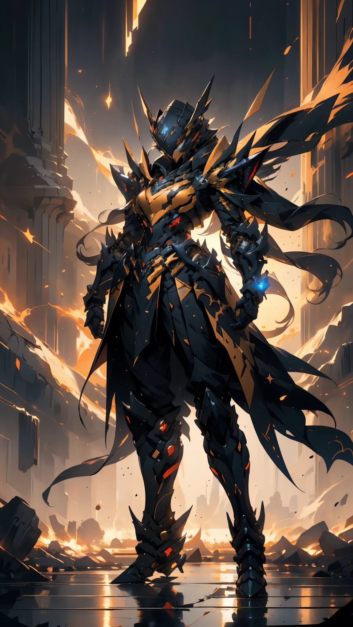 A woman adorned in fantasy-style full-body armor, a crown-concept fully enclosed helmet that unveils only her eyes, a composite layered chest plate, fully encompassing shoulder and hand guards, a lightweight waist armor, form-fitting shin guards, the overall design is heavy-duty yet flexible, ((the armor gleams with a golden glow, complemented by red and blue accents)), exhibiting a noble aura, she floats above a fantasy-surreal high-tech city, this character embodies a finely crafted fantasy-surreal style armored hero in anime style, exquisite and mature manga art style, (mixture of Queen bee and Spider concept Armor, plasma, blood), ((Element, energy, elegant, goddess, femminine:1.5)), metallic, high definition, best quality, highres, ultra-detailed, ultra-fine painting, extremely delicate, professional, anatomically correct, symmetrical face, extremely detailed eyes and face, high quality eyes, creativity, RAW photo, UHD, 32k, Natural light, cinematic lighting, masterpiece-anatomy-perfect, masterpiece:1.5