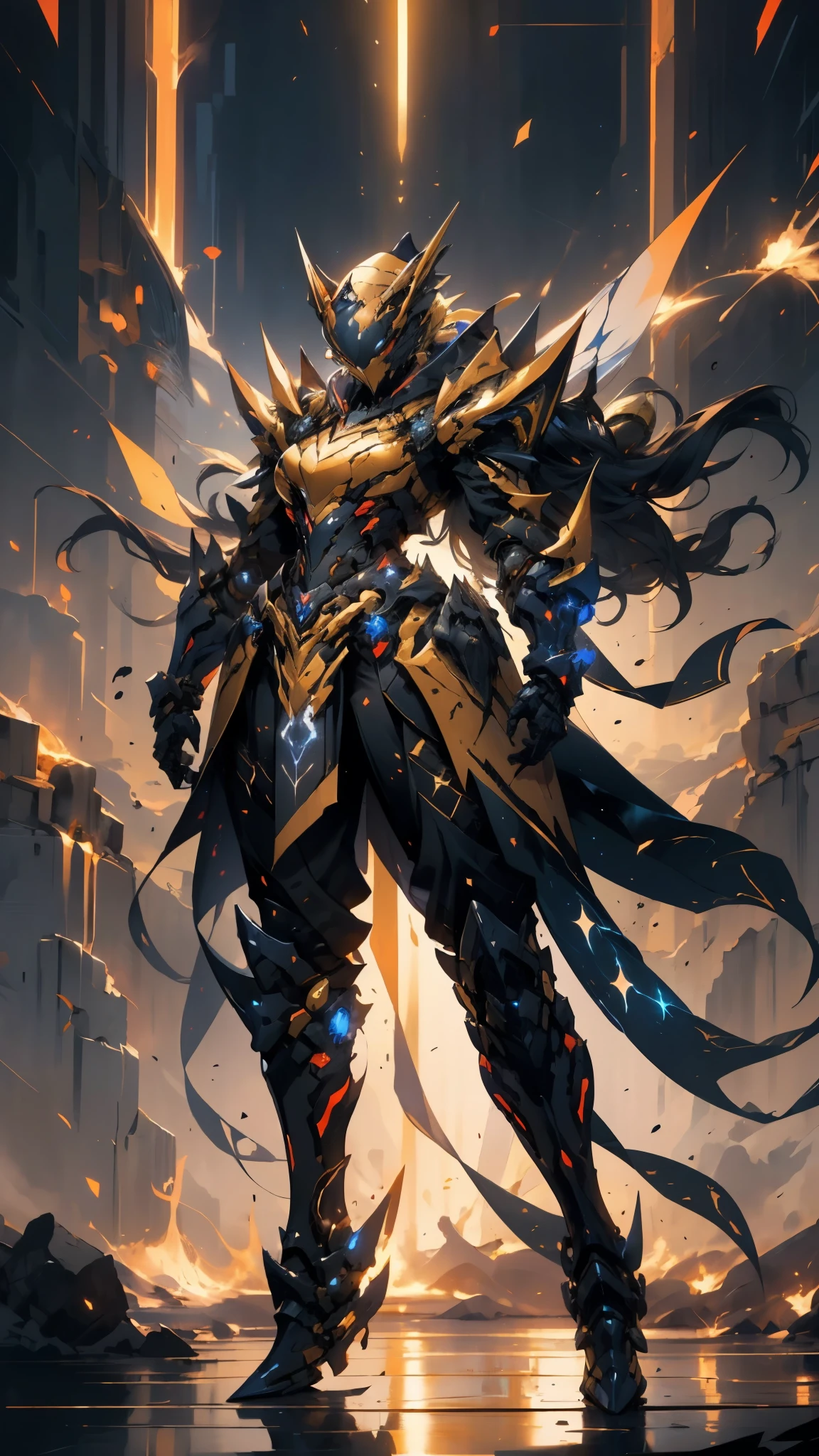 A woman adorned in fantasy-style full-body armor, a crown-concept fully enclosed helmet that unveils only her eyes, a composite layered chest plate, fully encompassing shoulder and hand guards, a lightweight waist armor, form-fitting shin guards, the overall design is heavy-duty yet flexible, ((the armor gleams with a golden glow, complemented by red and blue accents)), exhibiting a noble aura, she floats above a fantasy-surreal high-tech city, this character embodies a finely crafted fantasy-surreal style armored hero in anime style, exquisite and mature manga art style, (mixture of Queen bee and Spider concept Armor, plasma, blood), ((Element, energy, elegant, goddess, femminine:1.5)), metallic, high definition, best quality, highres, ultra-detailed, ultra-fine painting, extremely delicate, professional, anatomically correct, symmetrical face, extremely detailed eyes and face, high quality eyes, creativity, RAW photo, UHD, 32k, Natural light, cinematic lighting, masterpiece-anatomy-perfect, masterpiece:1.5