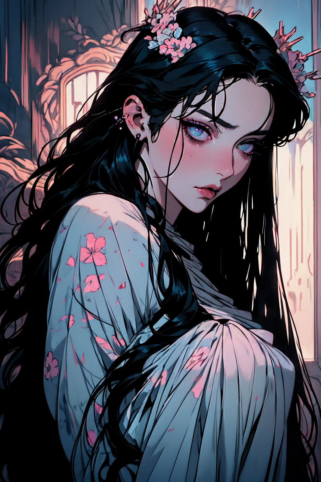 hyper-realistic  of a mysterious woman with flowing blond hair, piercing gray eyes, and a delicate floral crown, , upper body