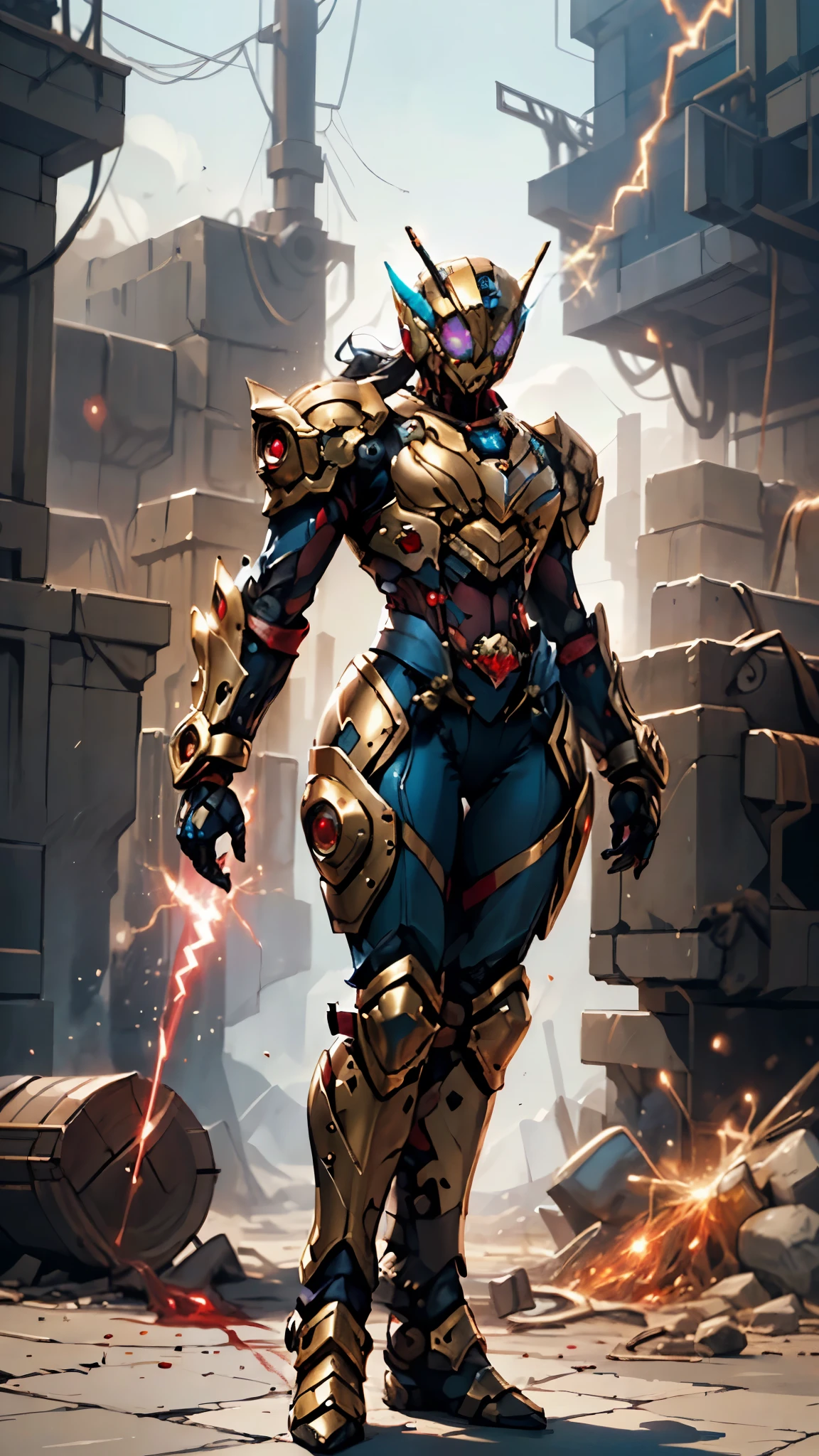 A woman adorned in fantasy-style full-body armor, a crown-concept fully enclosed helmet that unveils only her eyes, a composite layered chest plate, fully encompassing shoulder and hand guards, a lightweight waist armor, form-fitting shin guards, the overall design is heavy-duty yet flexible, ((the armor gleams with a golden glow, complemented by red and blue accents)), exhibiting a noble aura, she floats above a fantasy-surreal high-tech city, this character embodies a finely crafted fantasy-surreal style armored hero in anime style, exquisite and mature manga art style, (mixture of Queen bee and Spider concept Armor, plasma, blood), ((Element, energy, elegant, goddess, femminine:1.5)), metallic, high definition, best quality, highres, ultra-detailed, ultra-fine painting, extremely delicate, professional, anatomically correct, symmetrical face, extremely detailed eyes and face, high quality eyes, creativity, RAW photo, UHD, 32k, Natural light, cinematic lighting, masterpiece-anatomy-perfect, masterpiece:1.5