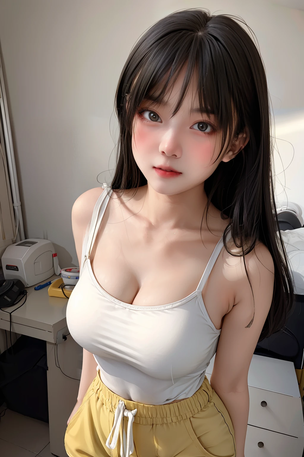 1girl, cute, 21 years old, seductive expression, look at viewer, white spaghetti strap top, yellow short pants, photo, realistic, best quality, hires, detailed face,detailed background, diffused lighting, depth of field, bokeh, black hair,((background cityspace)), large breasts, standing, naugty face,