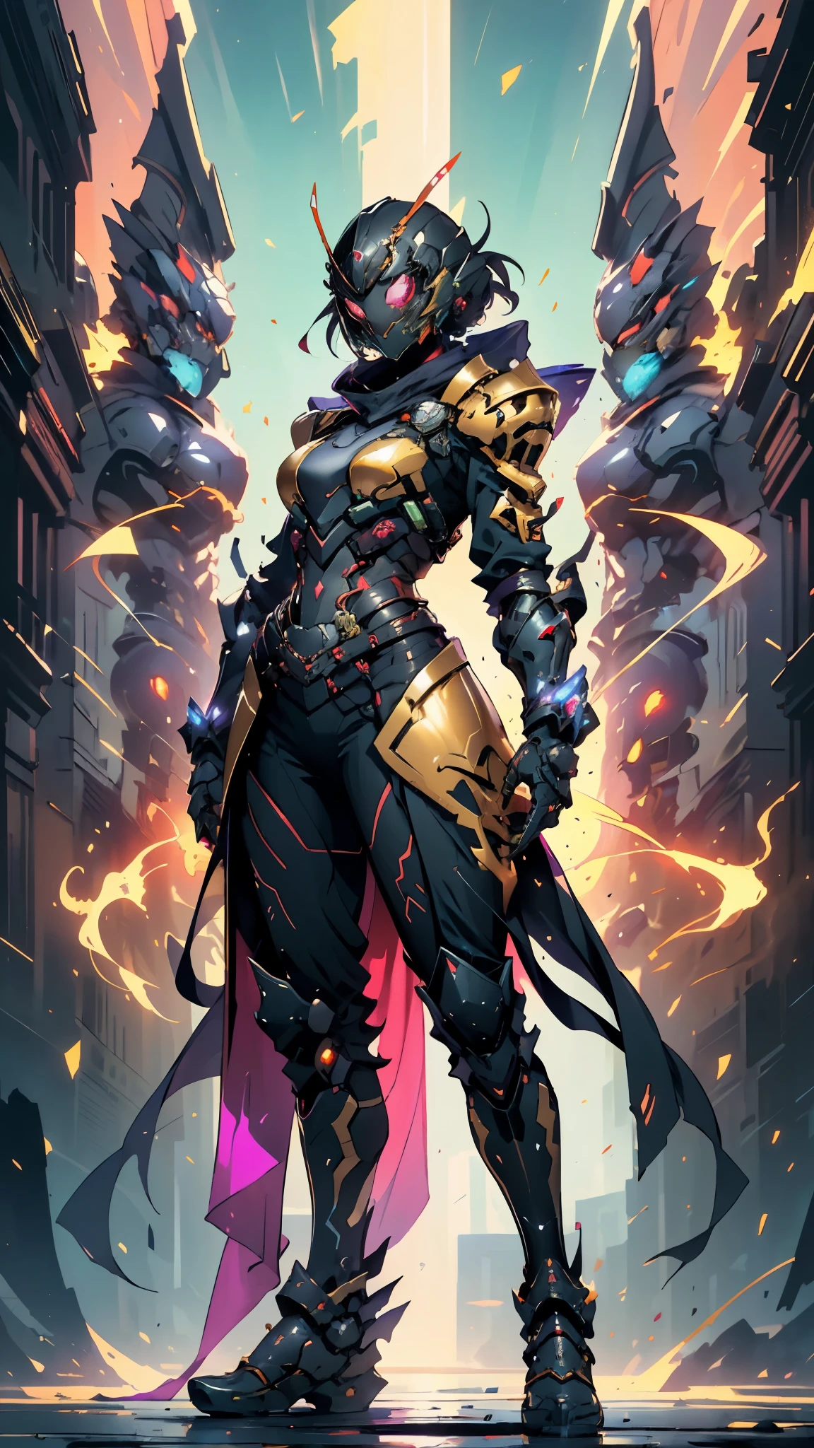 A woman adorned in fantasy-style full-body armor, a crown-concept fully enclosed helmet that unveils only her eyes, a composite layered chest plate, fully encompassing shoulder and hand guards, a lightweight waist armor, form-fitting shin guards, the overall design is heavy-duty yet flexible, ((the armor gleams with a golden glow, complemented by red and blue accents)), exhibiting a noble aura, she floats above a fantasy-surreal high-tech city, this character embodies a finely crafted fantasy-surreal style armored hero in anime style, exquisite and mature manga art style, (mixture of Queen bee and Spider concept Armor, plasma, blood), ((Element, energy, elegant, goddess, femminine:1.5)), metallic, high definition, best quality, highres, ultra-detailed, ultra-fine painting, extremely delicate, professional, anatomically correct, symmetrical face, extremely detailed eyes and face, high quality eyes, creativity, RAW photo, UHD, 32k, Natural light, cinematic lighting, masterpiece-anatomy-perfect, masterpiece:1.5