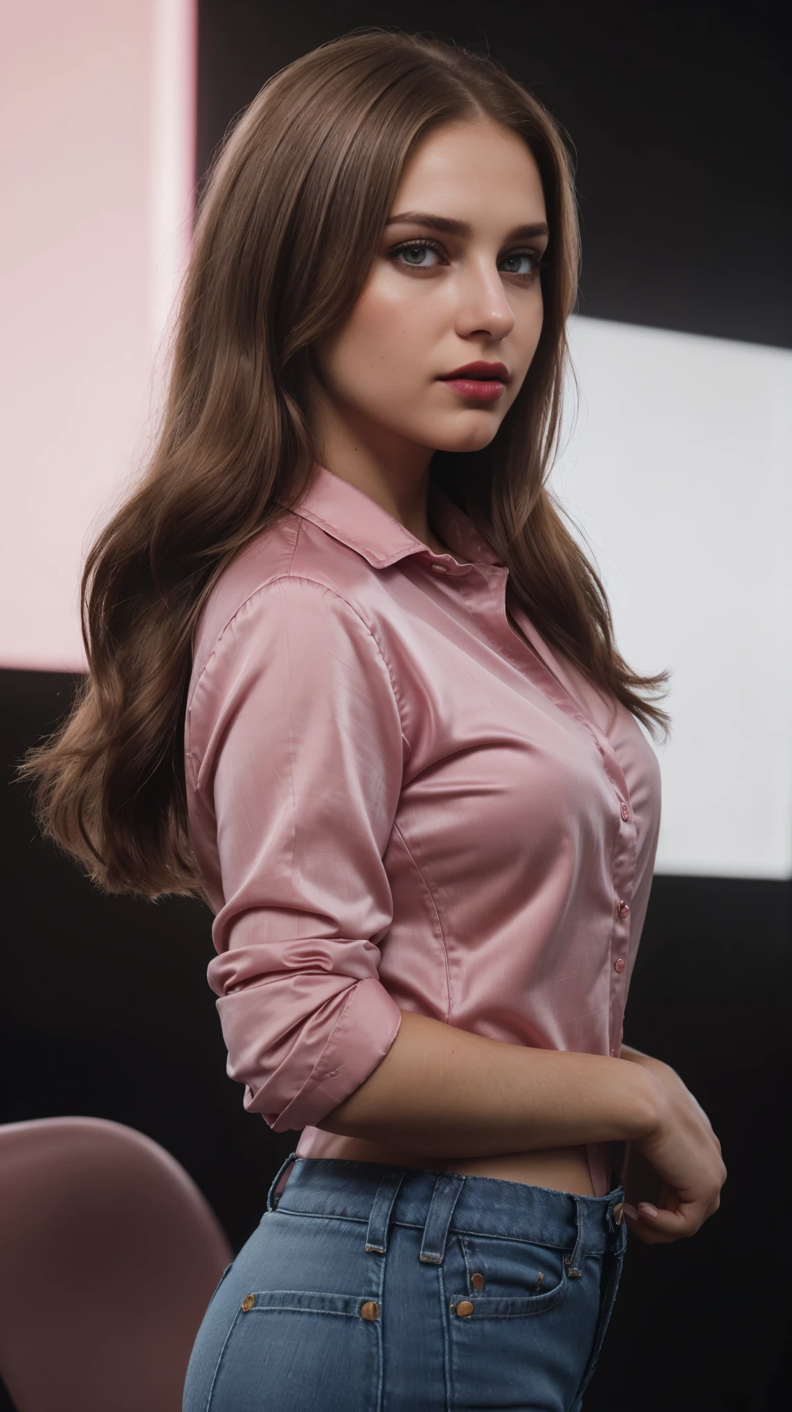 Blond brown hair, (RAW photo), (realism: 1.8), (gloss red lipstick, many eyelashes, dark eye shadow, shy, blushing, high quality, high resolution, depth of collage compound field, chromatic aberration, caustic, wide light, dark pink glossy skin, (21 year old woman), smartwatch, smartphone, stylish college girl, jeans and pink silk shirt, skin tight cloths, lots of exposure, posing for photo, visible 8k resolutions,