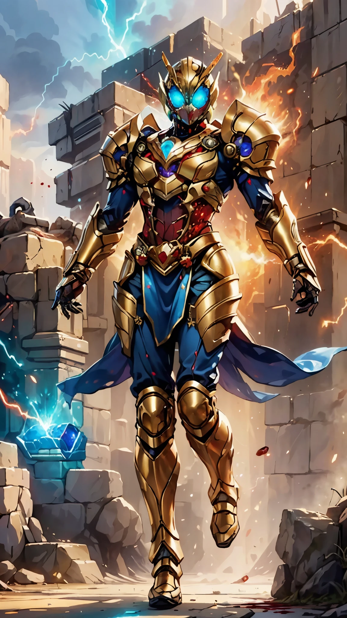 A woman adorned in fantasy-style full-body armor, a crown-concept fully enclosed helmet that unveils only her eyes, a composite layered chest plate, fully encompassing shoulder and hand guards, a lightweight waist armor, form-fitting shin guards, the overall design is heavy-duty yet flexible, ((the armor gleams with a golden glow, complemented by red and blue accents)), exhibiting a noble aura, she floats above a fantasy-surreal high-tech city, this character embodies a finely crafted fantasy-surreal style armored hero in anime style, exquisite and mature manga art style, (mixture of Queen bee and Spider concept Armor, plasma, blood), ((Element, energy, elegant, goddess, femminine:1.5)), metallic, high definition, best quality, highres, ultra-detailed, ultra-fine painting, extremely delicate, professional, anatomically correct, symmetrical face, extremely detailed eyes and face, high quality eyes, creativity, RAW photo, UHD, 32k, Natural light, cinematic lighting, masterpiece-anatomy-perfect, masterpiece:1.5