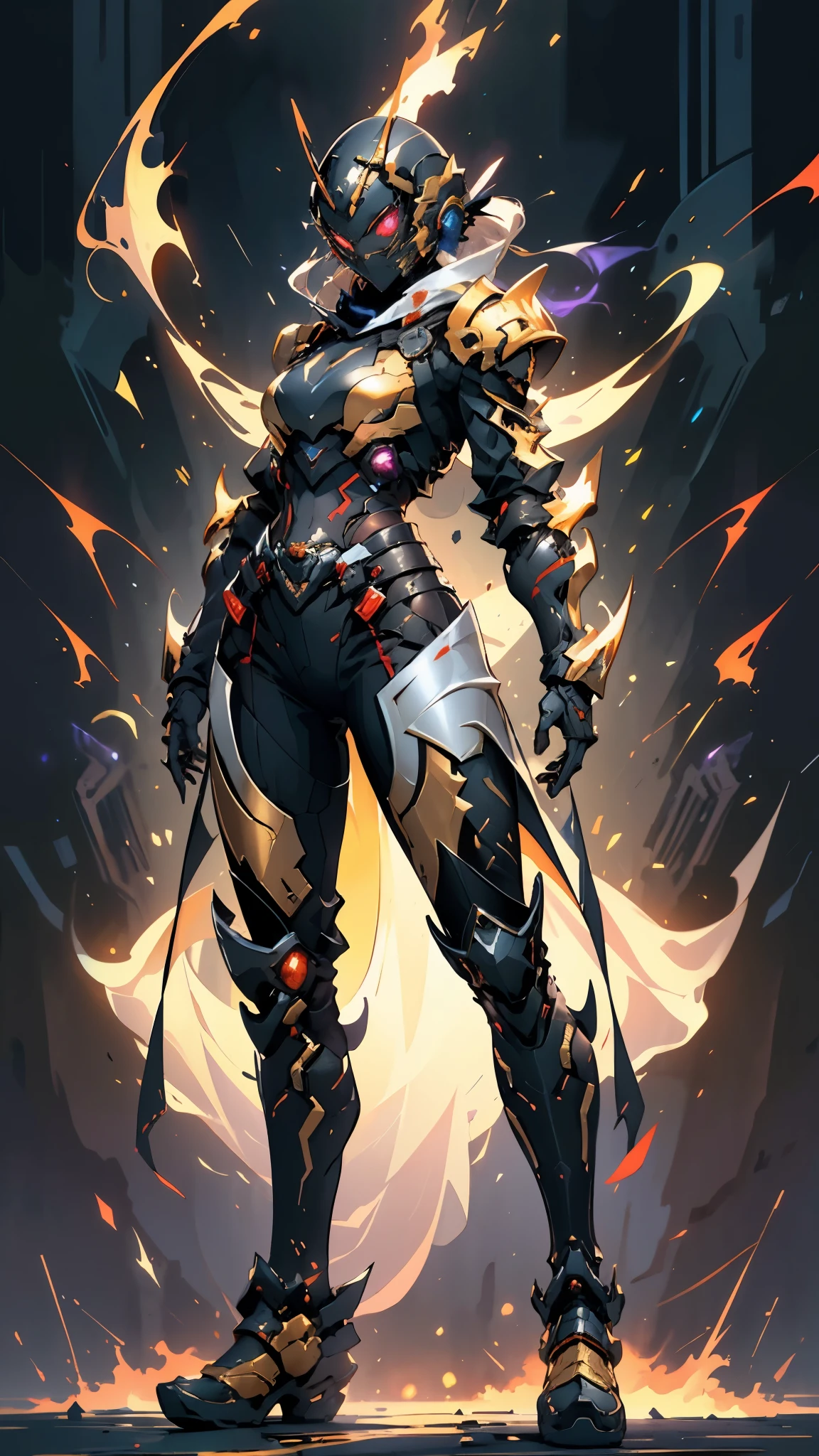 A woman adorned in fantasy-style full-body armor, a crown-concept fully enclosed helmet that unveils only her eyes, a composite layered chest plate, fully encompassing shoulder and hand guards, a lightweight waist armor, form-fitting shin guards, the overall design is heavy-duty yet flexible, ((the armor gleams with a golden glow, complemented by red and blue accents)), exhibiting a noble aura, she floats above a fantasy-surreal high-tech city, this character embodies a finely crafted fantasy-surreal style armored hero in anime style, exquisite and mature manga art style, (mixture of Queen bee and Spider concept Armor, plasma, blood), ((Element, energy, elegant, goddess, femminine:1.5)), metallic, high definition, best quality, highres, ultra-detailed, ultra-fine painting, extremely delicate, professional, anatomically correct, symmetrical face, extremely detailed eyes and face, high quality eyes, creativity, RAW photo, UHD, 32k, Natural light, cinematic lighting, masterpiece-anatomy-perfect, masterpiece:1.5