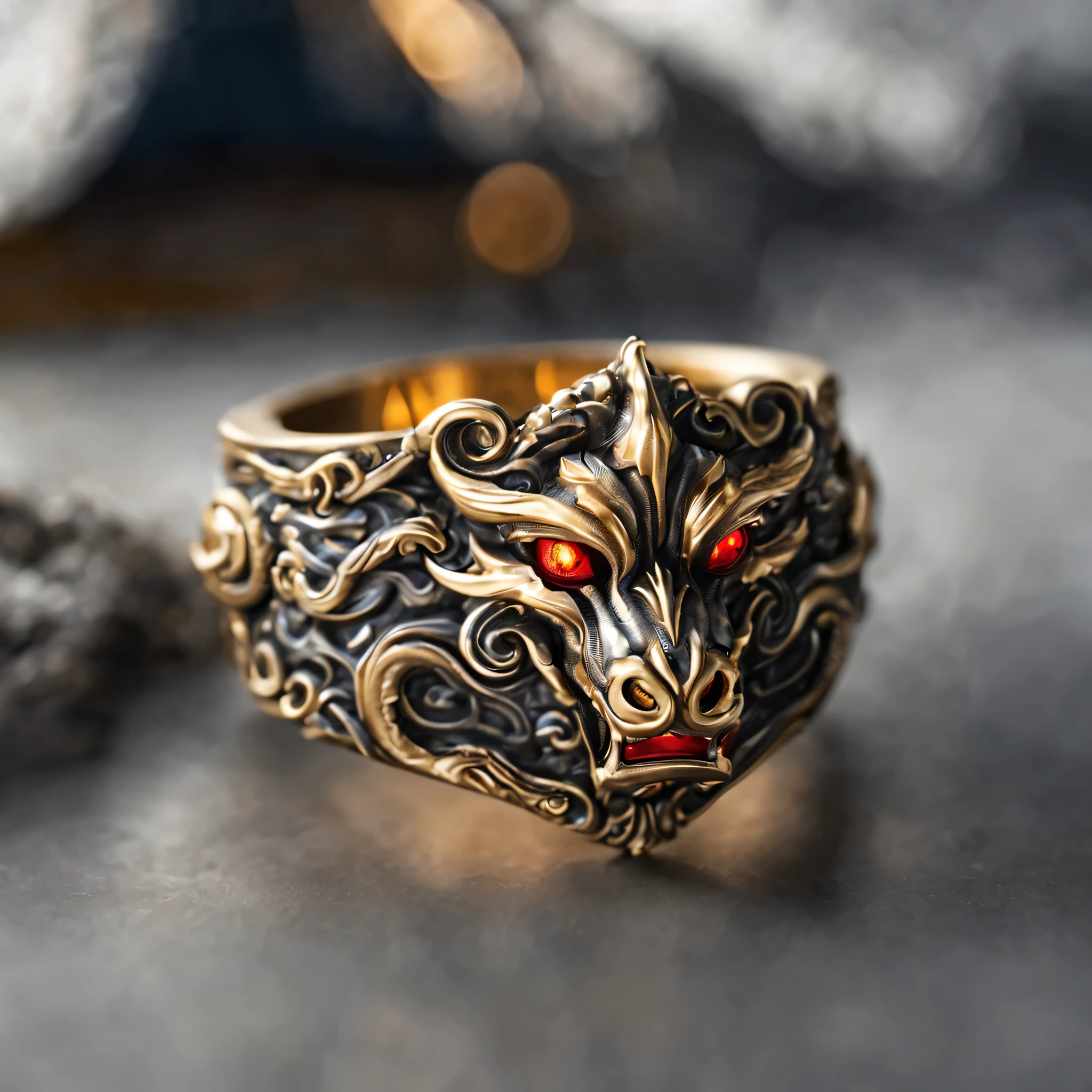 best quality, Super detailed,
extremely delicate and beautiful,
metal ring, dragon pattern,
depth of field, professional lighting,