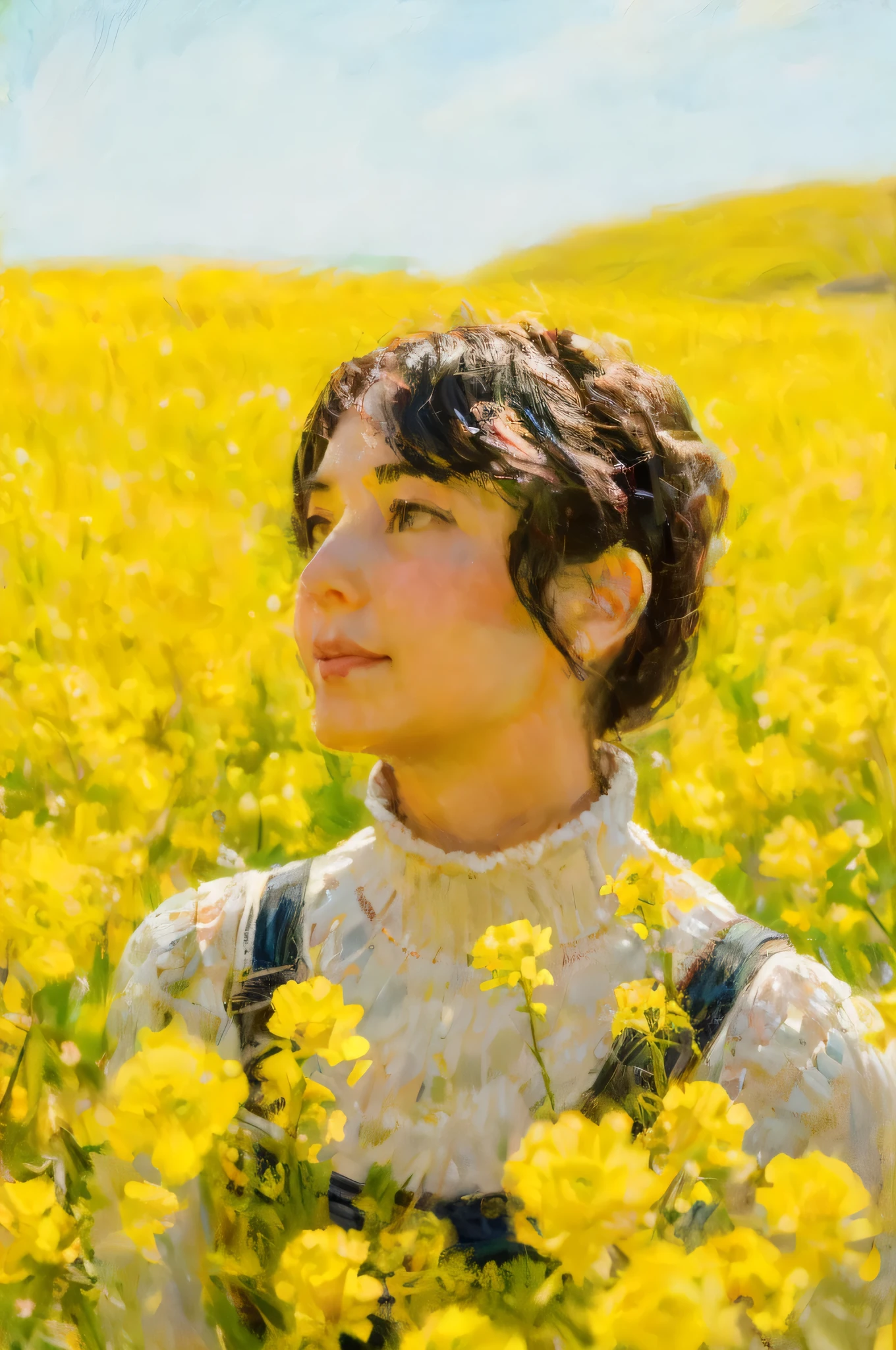 there is a woman standing in a field of yellow flowers, in a field of blooming flowers,Claude Monet风格的画布杰作, Claude Monet,A middle-aged woman with black hair, Smile, extremely beautiful, Detailed landscape, surreal, Elements of Symbolism and Surrealism, Complex design, leaf, Floral fragrance, landscape, pastel colors, Blue details, pink details, woman looking at viewer, Directly on the camera.