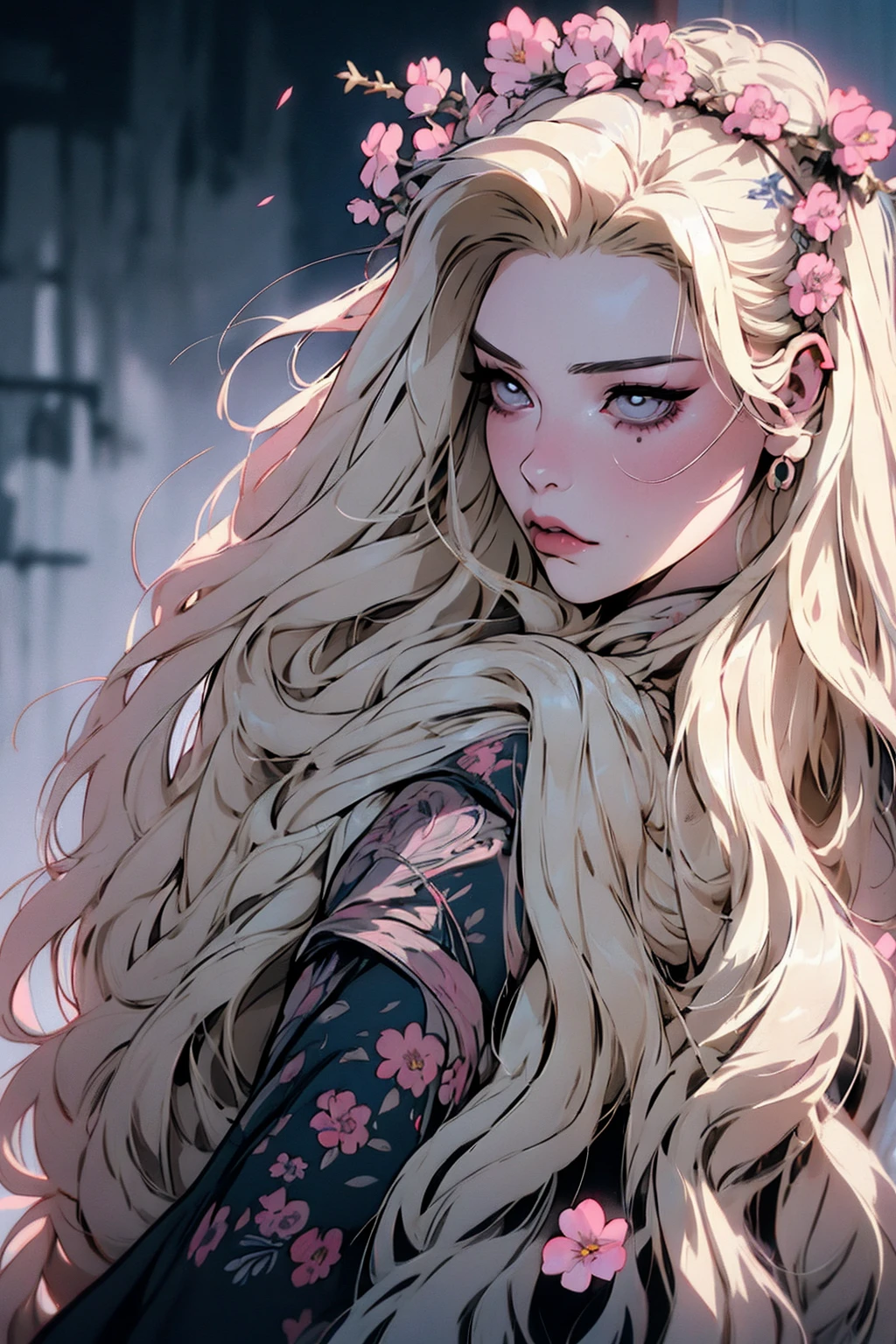 hyper-realistic of a mysterious woman with flowing blond hair, piercing gray eyes, and a delicate floral crown, backwards, looking back , upper body