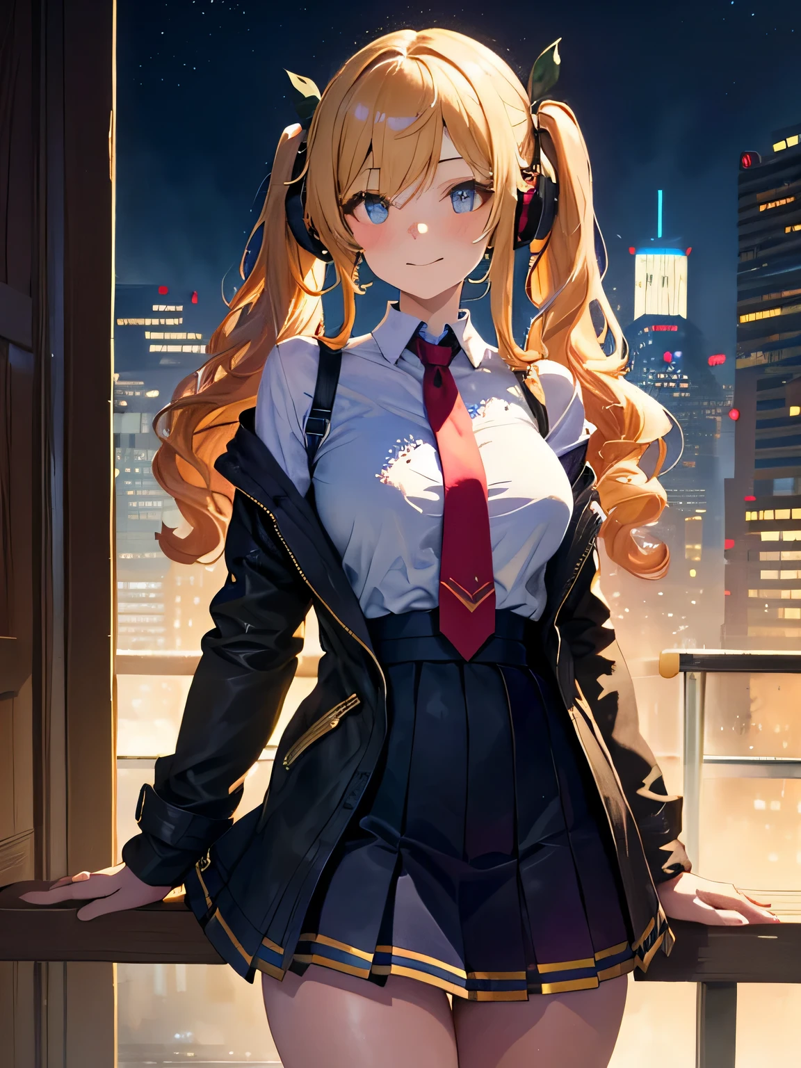 headphone、shirt、tie、tie、twin tails、shirt、coat、cleavage、Thighs、ruffle skirt、tits、mini skirt、Ribbon decoration on the skirt、No sleeve、No Shoulder、Esbian、Depth of the bounds written,watercolor painting(curly)、beautiful beautiful:1.2)、(1 girl:1.3)、(fractal art:1.3)、blonde、looking at the viewer、pattern、Colorful、Colorful background、SF、Buildings of the near future、near future city、light、smile、Dejected face