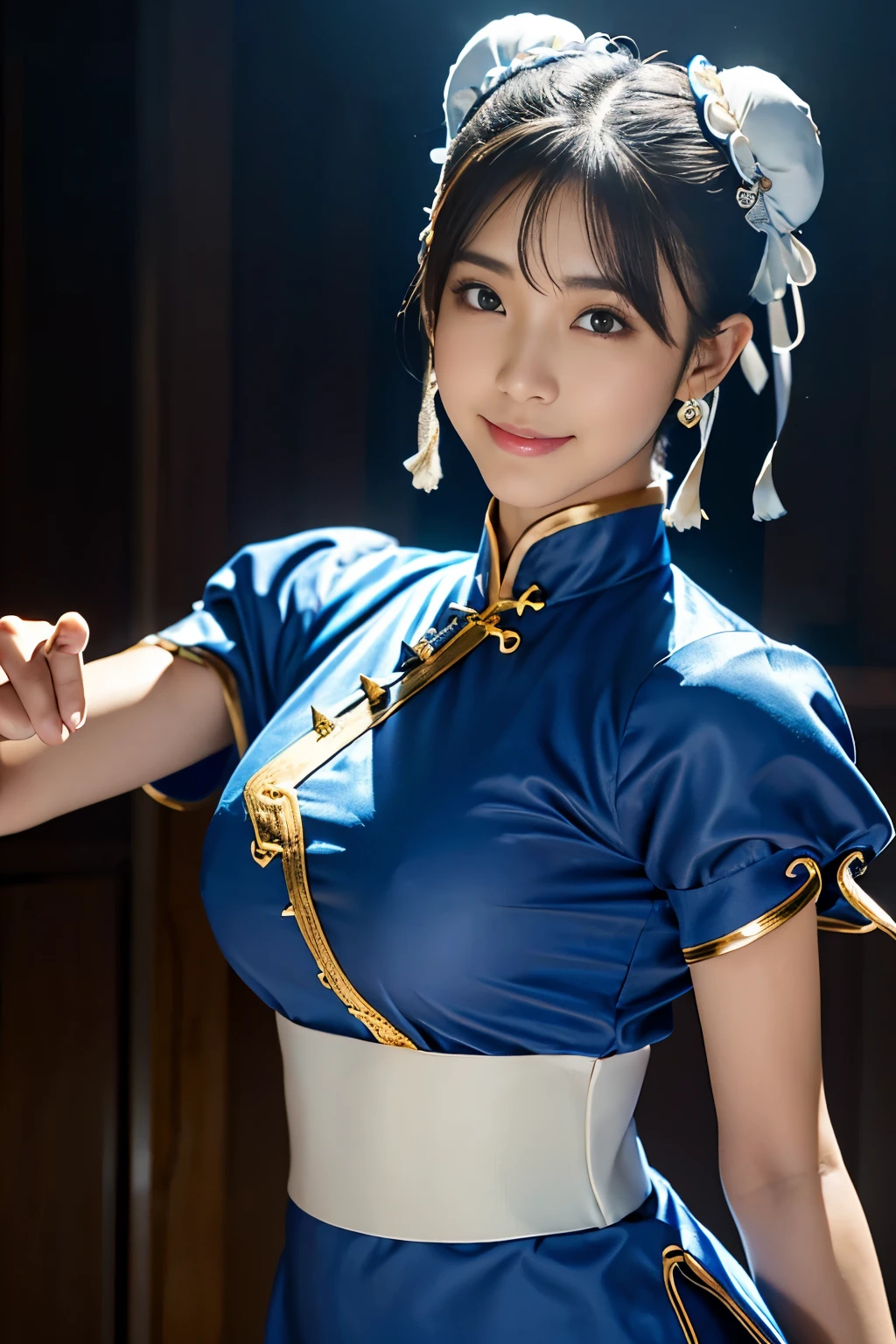 Chun-Li from Street Fight II,perfect chun li costume,Blue cheongsam with gold lines,Bun head,bun cover,fighting pose,masterpiece、1 beautiful girl、fine eyes、puffy eyes、highest quality, 超High resolution, (reality: 1.4), movie lighting、Japanese、asian beauty、Korean、super beautiful、beautiful skin、body facing forward、close up of face、(超reality的な)、(High resolution)、(8k)、(very detailed)、(美しくfine eyes)、(Super detailed)、 (wall-)、detailed face、bright lighting、professional lighting、looking at the viewer、look straight ahead、slanted bangs、Nogizaka Idol、korean idol、masterpiece, highest quality, masterpiece, highest quality, perfect face, perfect brown eyes with white sclera, bad move-5, alone, 1 girl, Upper body, brown hair, From SF2, Chinese service, smile, muscular woman, blue clothes, pantyhose, pelvic curtain, Puffy short sleeves, Good cover, sash, evaluation:safety