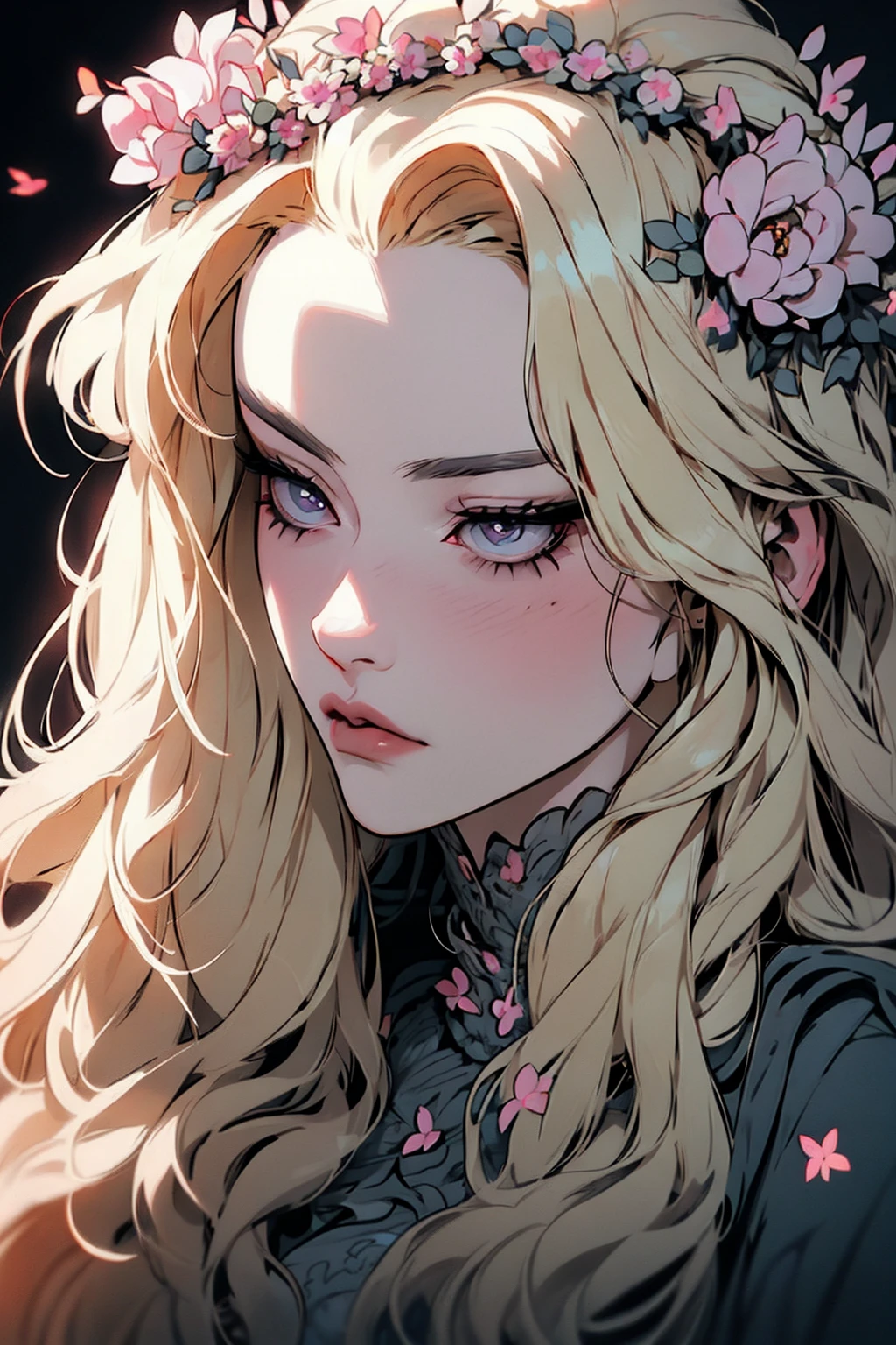 hyper-realistic  of a mysterious woman with flowing blond hair, piercing gray eyes, and a delicate floral crown, , upper body