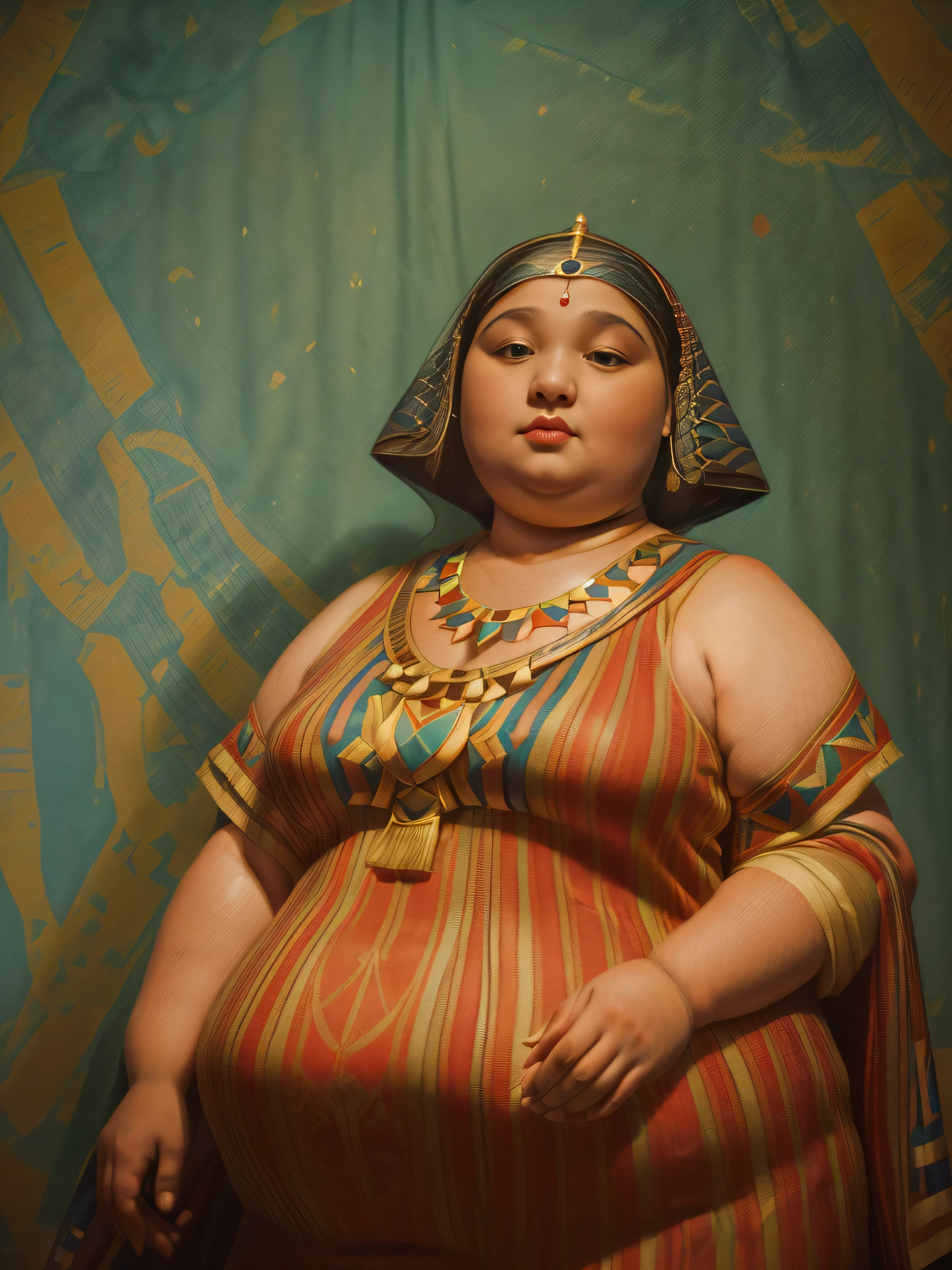 year 10, massachusetts mountain village. Pre-raphaelite ((((40-year-old)) extremely fat, 800 pounds heavy Cleopatra), in her palace in Egypt ((((casual Clothing from the 1930s)))) ((Hairstyle of the 1930s)), ((Wes Anderson cinematic style)), colorful.
