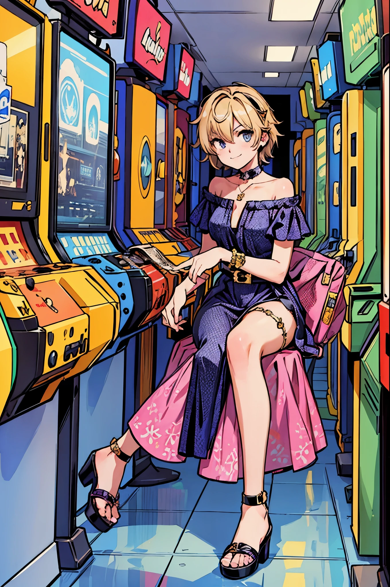 "best quality,ultra-detailed,((background:game-center1,8)),((game-arcade)),((playing the arcade game)),(one boy),(full body),portraits,((sissy boy,tomboy,FemBoy,trap)),bulge,(look side),(look side),(natural makeup),black choker,necklace,(short blonde hair),boy's face,((angly)),((smile+happy)),((maxi-length-dress)),(patterned dress),(high-heel-sandal),(he’s having shoulder bags),vibrant colors,soft lighting"