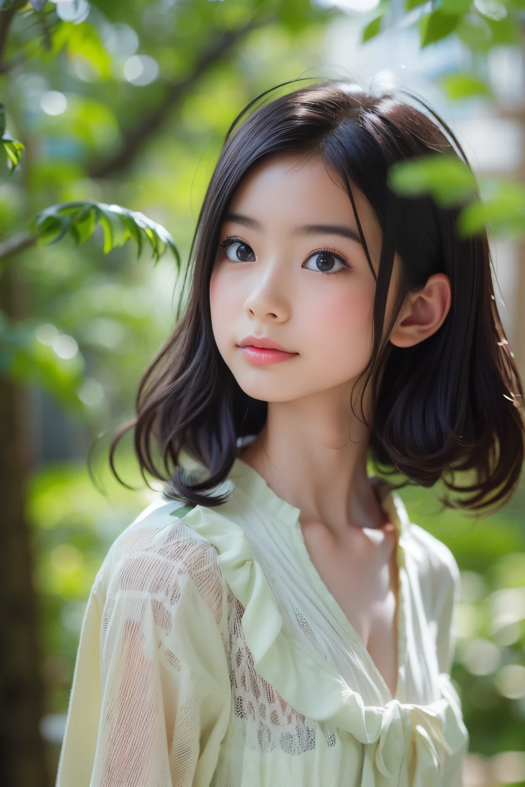 Best Quality, Focus, Soft Light, Black Hair, (Japanese)), (Blouse), (((Front, Young Face))), (Depth of Field), Ultra High Resolution, (Realistic: 1.4), RAW Photo, Upper Body
