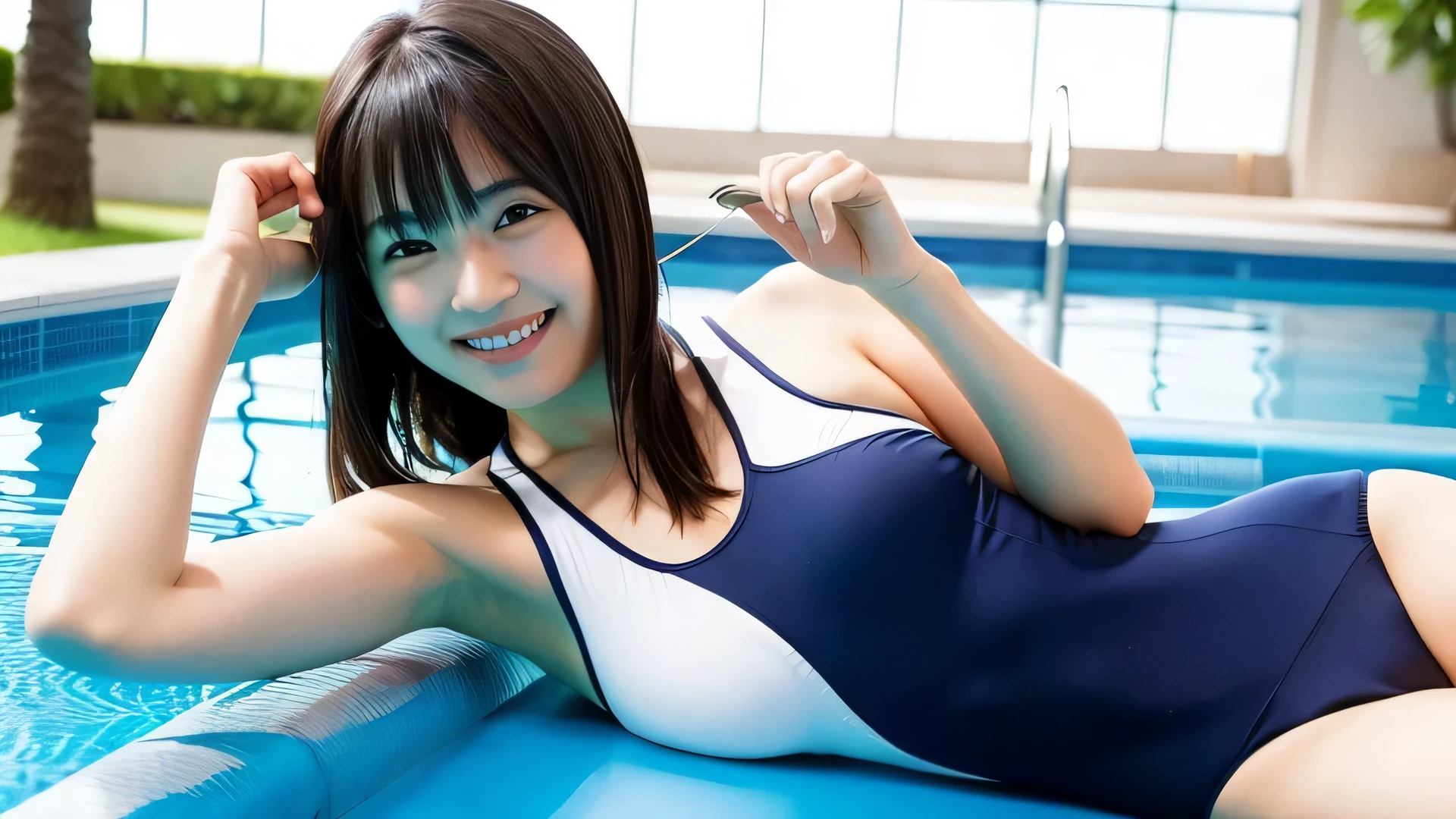 18 year old girl、japanese woman、cute、With bangs、laughter、1 personの女性、maikurobikini、pool、Navy one-piece school swimsuit for students、sexy pose、perfect body、,(lie:1.3)、1 person、