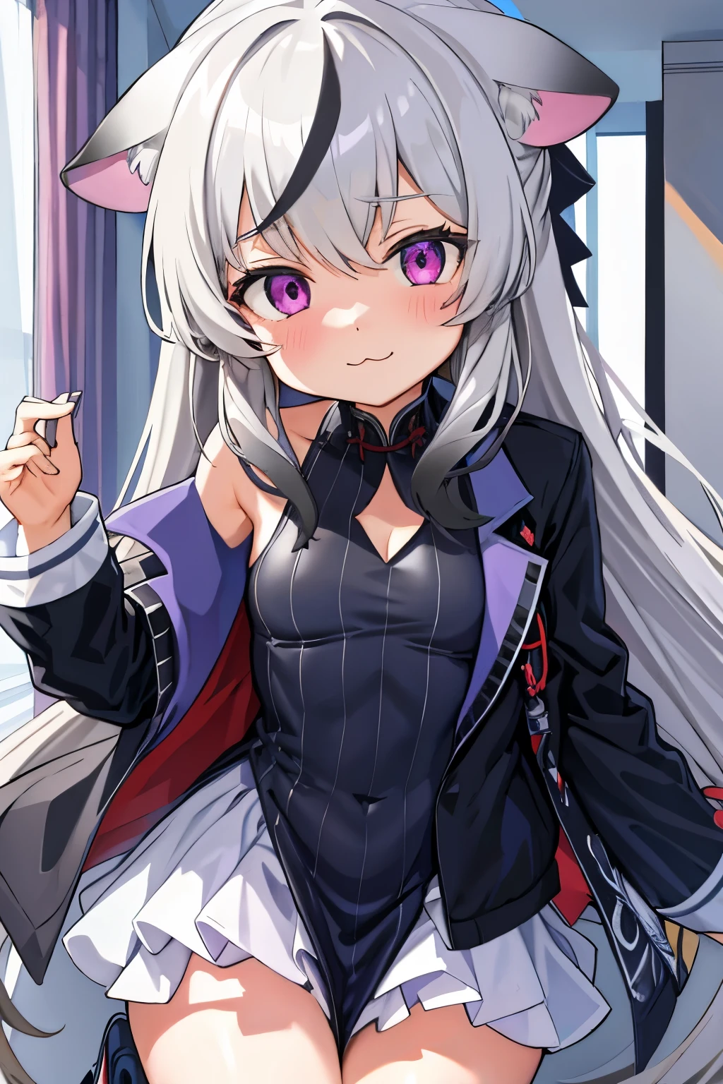 tmasterpiece, best qualtiy, ultra - detailed, 1girll,Gray hair Kokona, inside in room, Purple eye, :3,the face closeup cleavage, Winter suit, winter wonder