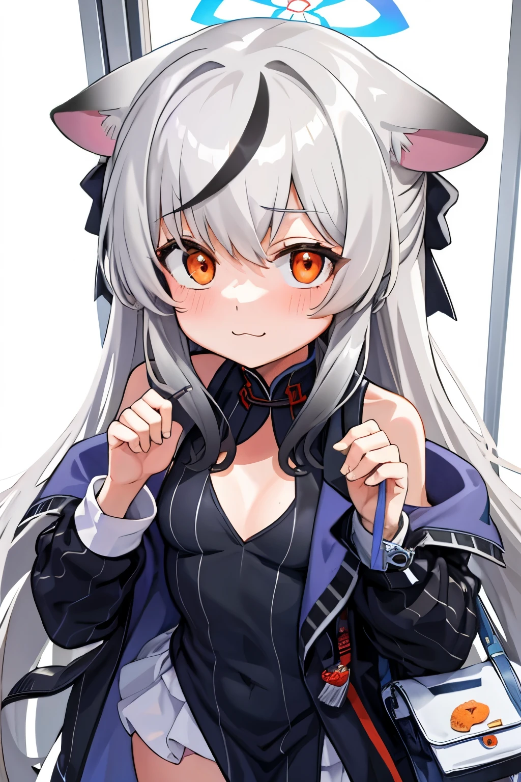 tmasterpiece， best qualtiy， ultra - detailed， 1girll，Gray hair Kokona， inside in room， Orange eye， ：3，the face,  closeup cleavage,  Winter suit, winter wonder