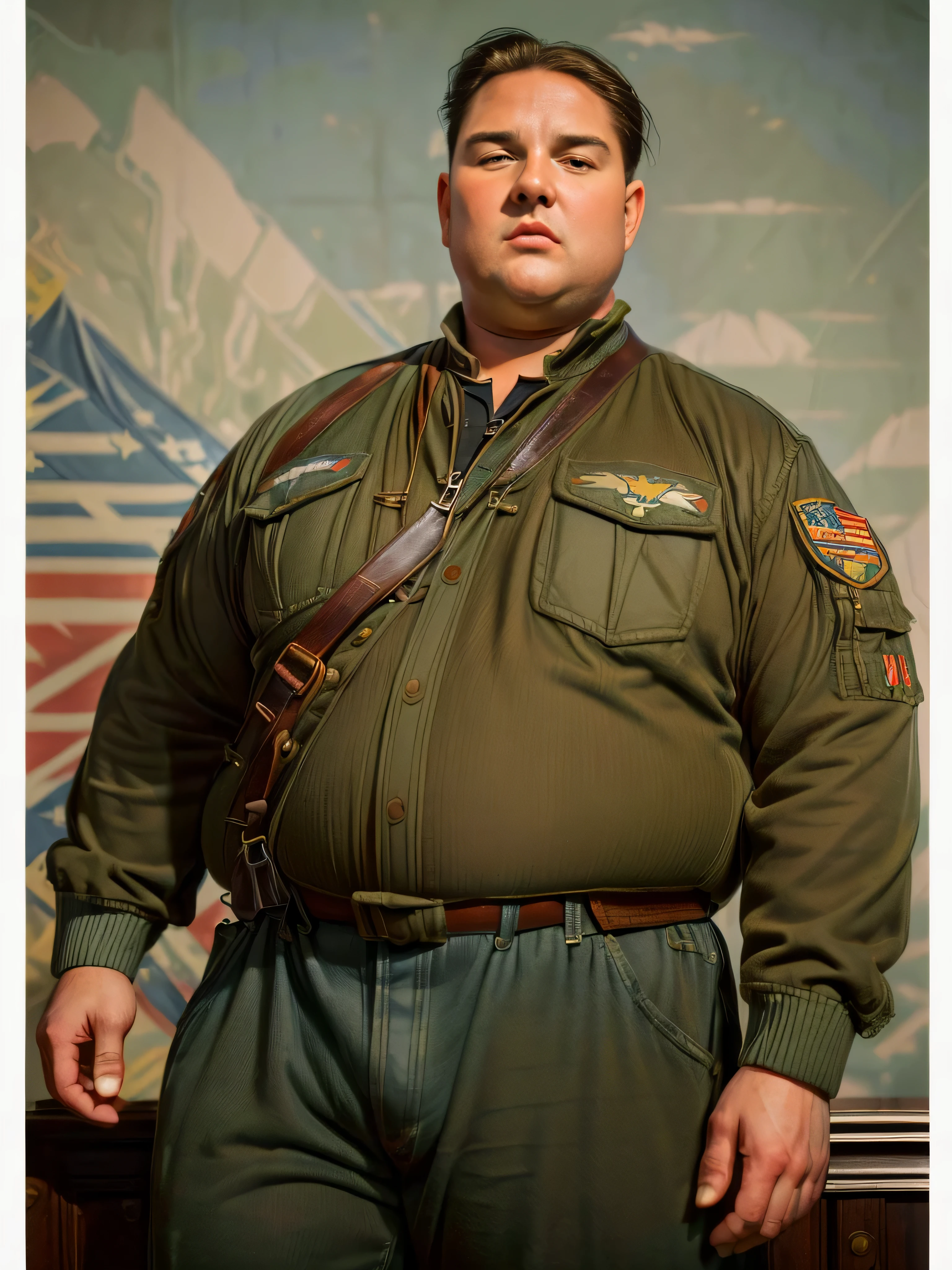 1935, massachusetts mountain village. Pre-raphaelite ((((40-year-old)) extremely fat, 800 pounds heavy Tom Cruise), in his pilot uniform from Top Gun ((((casual Clothing from the 1930s)))) ((Hairstyle of the 1930s)), ((Wes Anderson cinematic style)), colorful. 