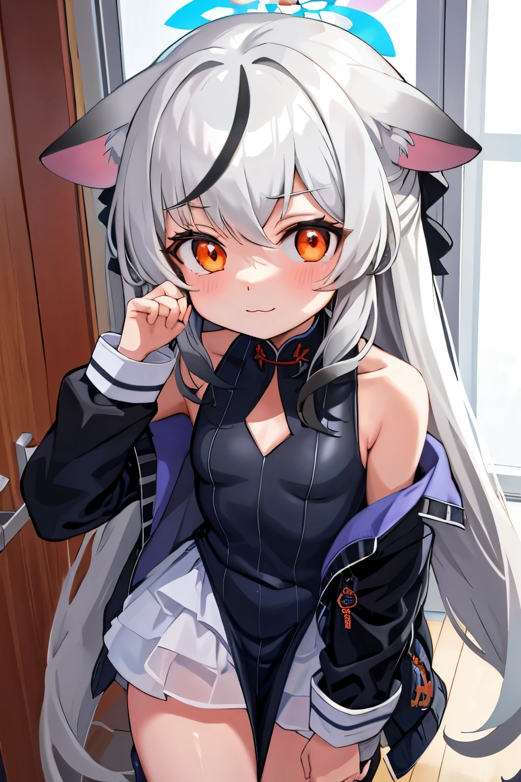 tmasterpiece， best qualtiy， ultra - detailed， 1girll，Gray hair Kokona， inside in room， Orange eye， ：3，the face,  closeup cleavage,  Winter suit, winter wonder