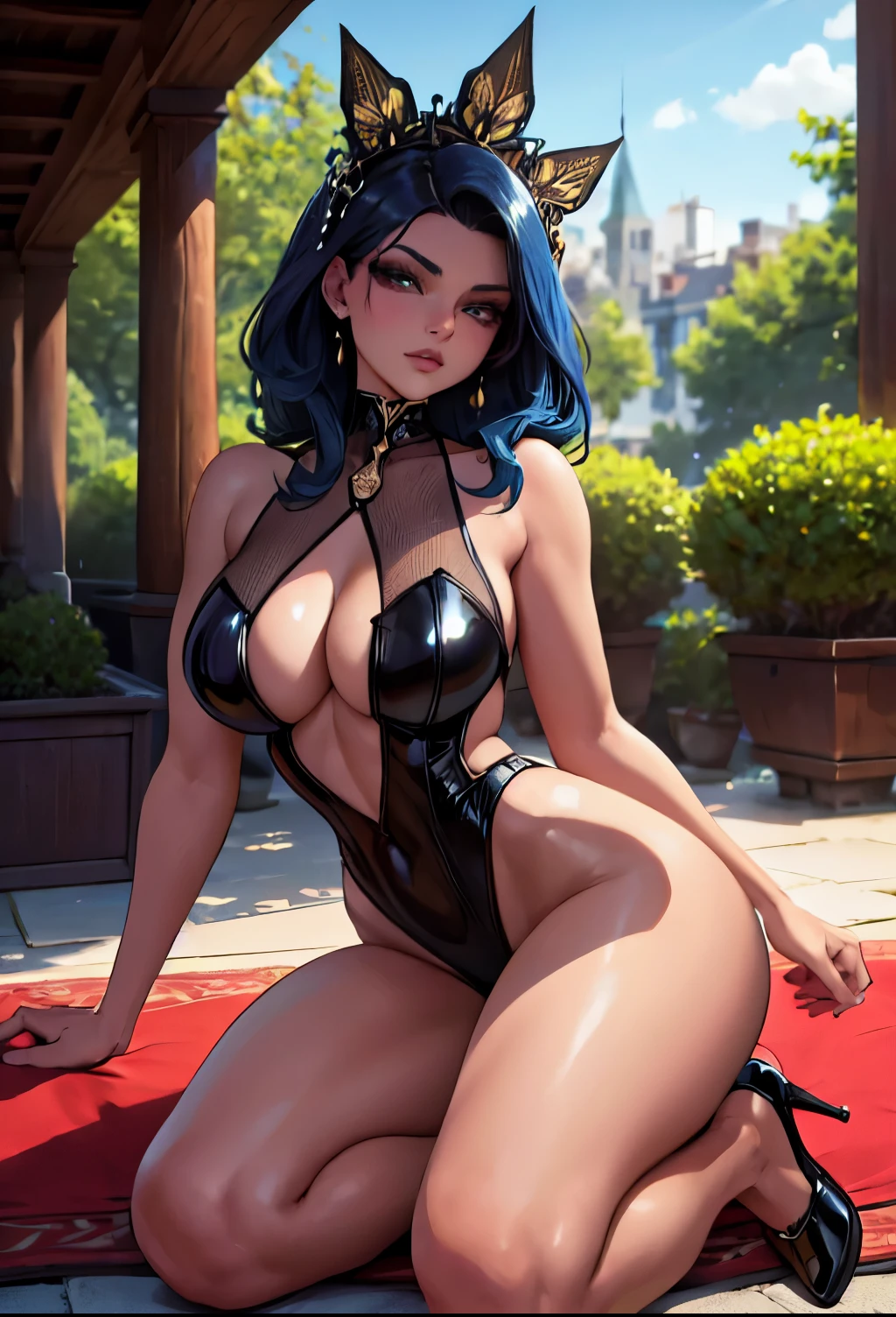 (best quality,ultra-detailed,highres:1.2),portraits,impressive eyes,perfectly shaped lips,piercing gaze,flawless skin,confident expression,sensual aura,stunning lighting,fashion photography style,vibrant colors,warm color tones,subtle shadows,artistic composition,blurred background,reflections in glossy latex,attention to detail,high contrast,alluring and captivating presence,striking pose,defined and sculpted figure,high heels,luxurious garden setting,lush foliage,playful and seductive atmosphere.