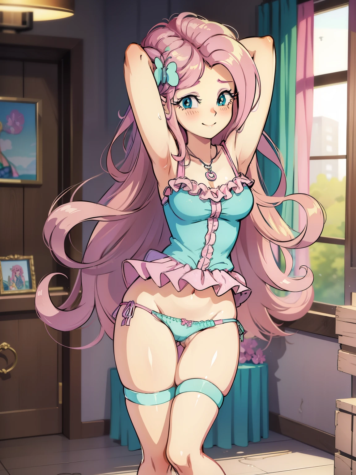Fluttershy, sexy dress,upskirt, cute panties, sexy panties, Fluttershy Equestria girls, blushing, smiling cute, Fluttershy, cuerpo completo, high resolusion ((panties))